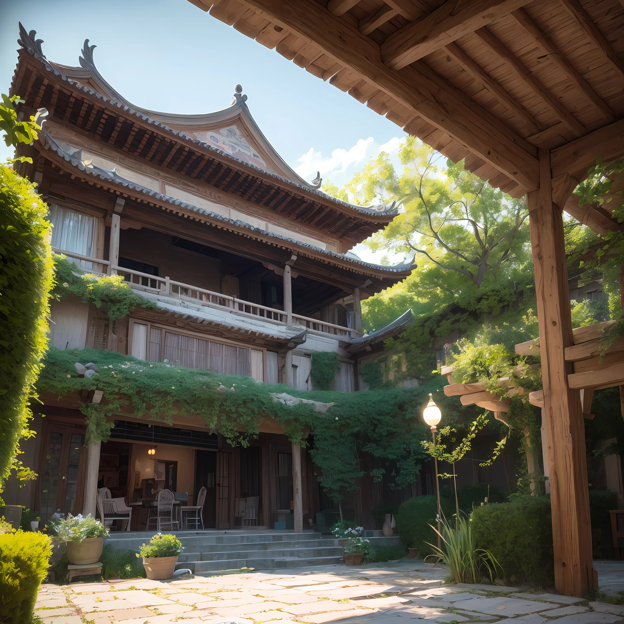 A high resolution ancient Chinese architectural style, imagination, (Realistis), sunny clear sky, composition, (hdr:1.5), exteriors, Complicated details,,NOhumans,trpical garden,Shade lights,Sky lantern,Volumetriclighting,Plant branches and leaves,color difference,lightand shade contrast,visual novel key visual, key art, anime key visual concept, Epic light novel art cover, key visual, anime key art, anime key visual of elegant, light novel cover art, Key anime art, anime background key visual, anime key visual concept art of, Official anime artwork, Anime main visual effects "Small lanterns,midynight,Spring festival,Warm light source ,HD rendering of ray-traced 3D models, building rendering, right Angle isometric view, 45 degree angle, High detail, film,Unreal Engine rendering, Substance 3D, Octane rendering, (hdr:1.3), Crash, Combat damage style, Overgrown courtyard painting with table, chairs and benches,Anime background art,Relaxing concept art,Anime landscape concept art,immensely detailed scene,A beautiful artwork illustration,Detailed view — width 672,Ghibli Studio Environment,highly detailed scenario,environment design illustration,beautiful anime scenes,In Studio Ghibli style,Anime landscapes,detailed soft painting,environment painting --auto