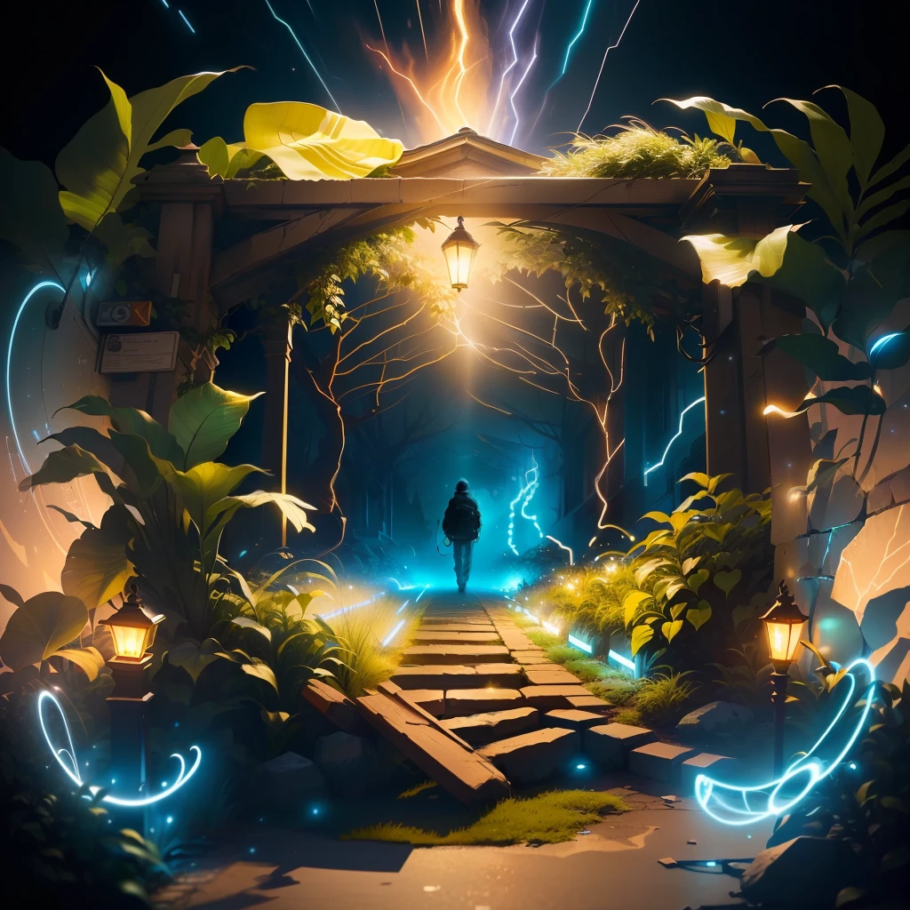 Homem de mochila na frente de um portal do tempo, magical dropping lights of all cinematic colors ultra realistic volumetric lighting great quality well detailed masterpiece 8k uhd Fujifilm tx3 intricate photorealistic light contrast absurdly realistic beautiful sharp focus great composition