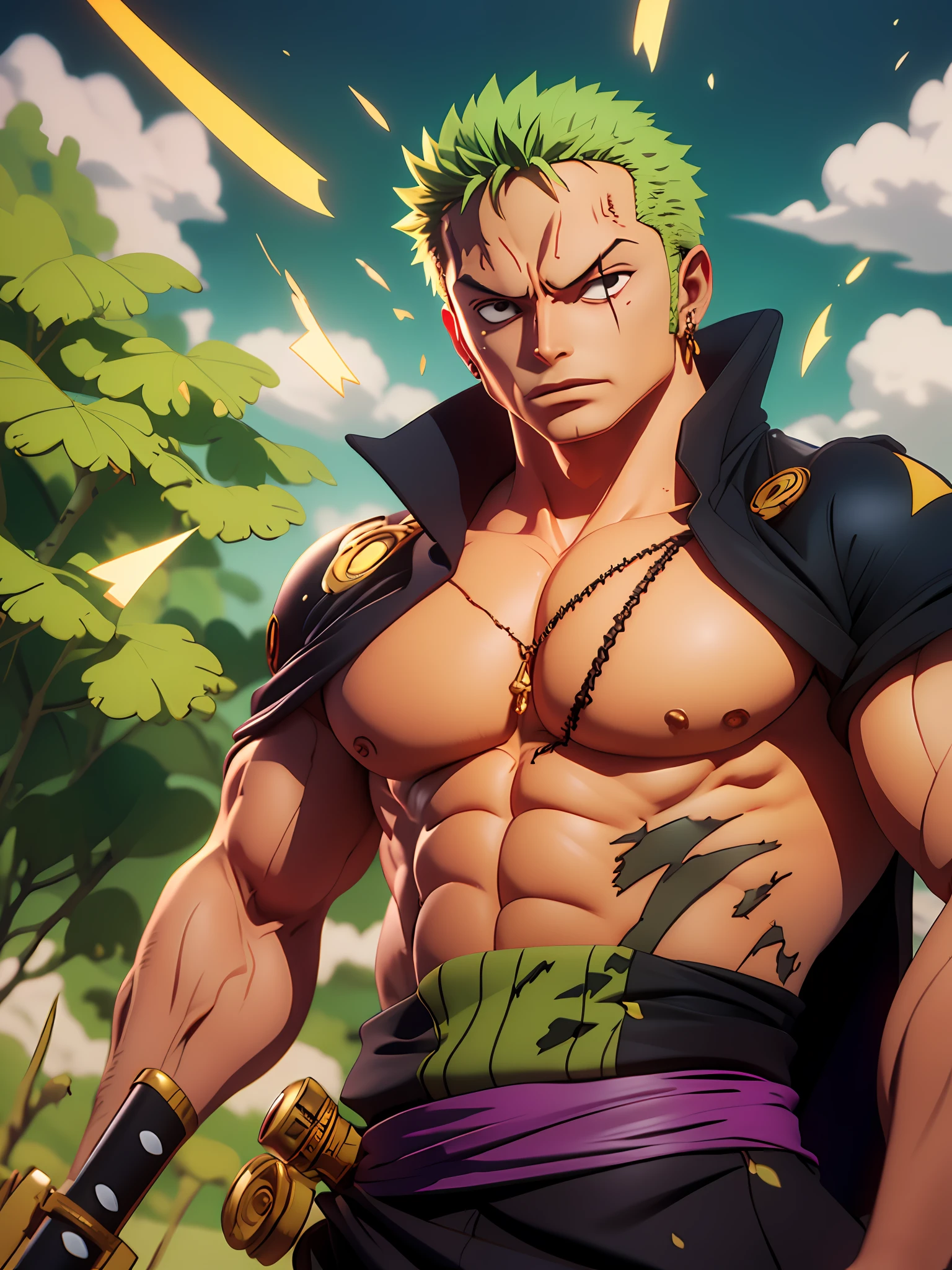 Roronoa Zoro (Obra prima, 4K分辨率, muito detalhado), (Tema de samurai branco, carismatic, there is a swordsman next to a "isakaya" Japanese Bar, vestindo um quimono azul com detalhes de nuvem no "obi" faixa, (((Cabelos Verdes))), He is commander of the First Division of the Leader of the Mugiwara Band, obra "One Piece"), [ ((19 anos), (curtos cabelos verdes:1.2), corpo inteiro, (olhos azuis:1.2), ((pose do Roronoa Zoro), demonstration of strength, Unsheathing with one hand your Katanas Enma), ((ambiente rural japones):0.8)| (paisagem rural, ao entardecer, dynamic lights), (sol ofuscado)), 1 katana]. # Explanation: The Prompt mainly describes a 4K painting of ultra-high definition, muto detalhada. Ele mostra um espadachim, mestre do estilo Santoryu de katanas, vestindo um quimono azul com detalhes de nuvem na faixa da cintura. The subject in the painting is a subject of a white swordsman, holding with one hand his black katana enma, o protagonista masculino tem curtos cabelos verdes, is 19 years old and his entire defined body is shown in the painting, with characteristics of pumped endomorph.