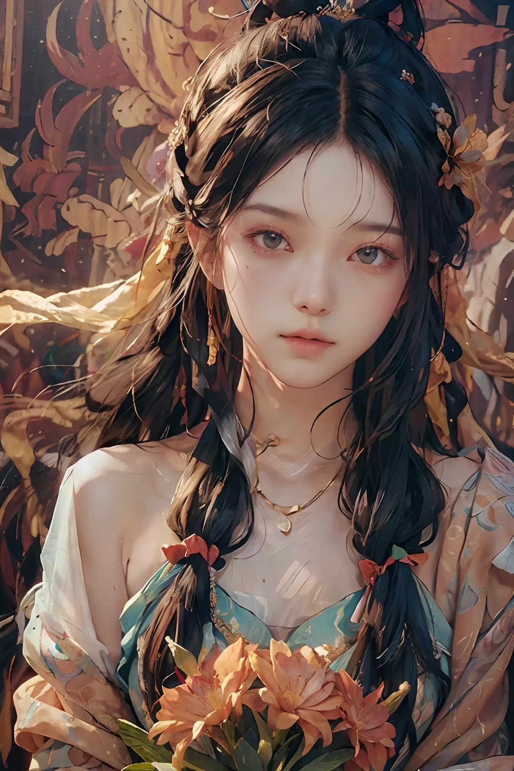 (realisitic、Photorealsitic:1.3)、(RAW Photography、top-quality)、ultra-detailliert、masterpiece、dynamic ungle、1girl、Messy Longhair、CG unity 8k wallpaper、inky、电影灯光、lensflare、Dunhuang style、Realistic sketch effect、flower petals、Fluttering in the wind、building blocks、Deep shading、Shades that enhance the contrast between light and dark