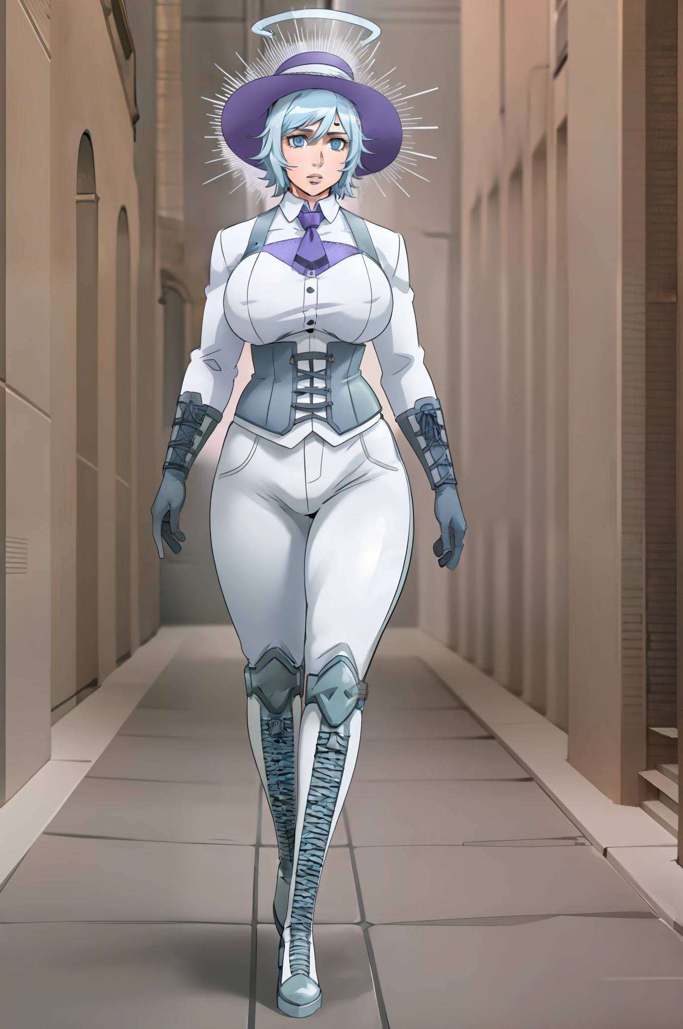 Omniels, blue hair, short hair, hat, angel halo, corset, boots,vest, gloves, big breast, alone, walking