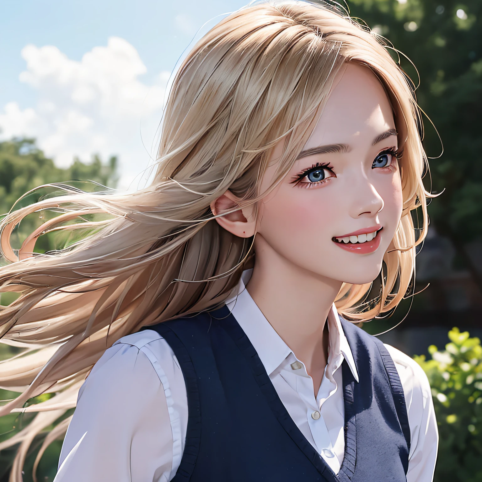 (8K, RAW Photos, of the highest quality, Masterpieces: 1.2), (Realistic, Photorealistic: 1.37), Highest Quality, Ultra High Resolution, light leaks, Dynamic lighting, Slim and smooth skin, (Full body:1.3), (Soft Saturation: 1.6), (Fair skin: 1.2), (Glossy skin: 1.1), Oiled skin, 22 years old, Night, shiny white blonde, Well-formed, Hair fluttering in the wind, Close-up shot of face only, Physically Based Rendering, From multiple angles, A big smile, School uniform, Pleated skirt, Beige vest, thunderstorm, The Flash,