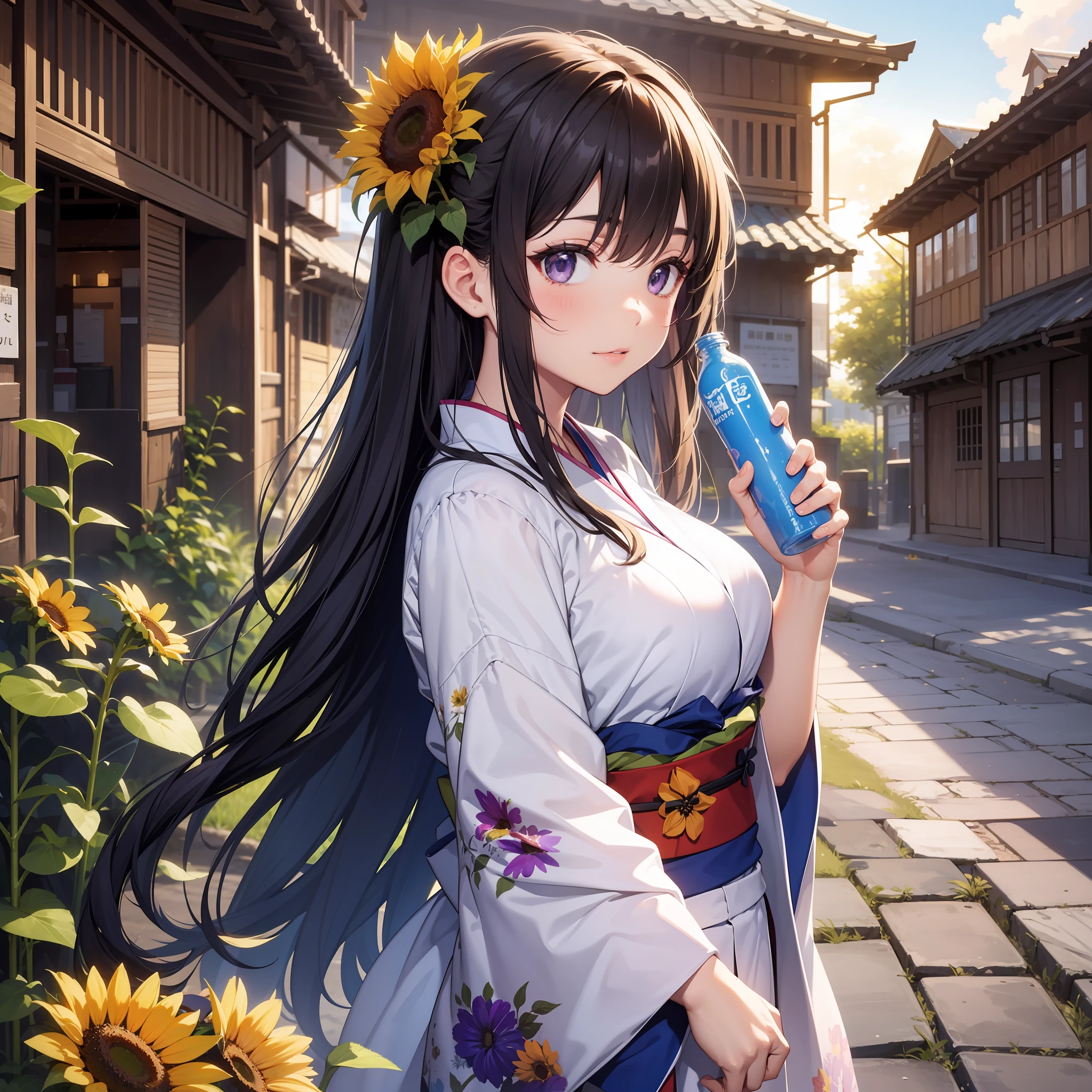 Top image quality Original Characters、Volume Lighting、Purple straight long hair、With a large plastic bottle in hand、Summer kimono with sunflower pattern、Giant Entrance Cloud、Riverside town