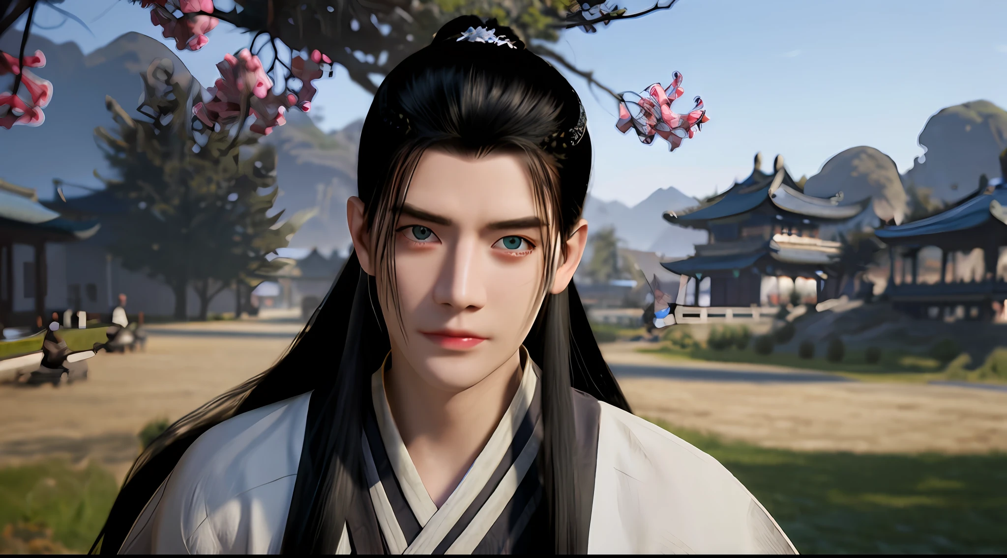 Mature boy，blue color eyes，black color hair，Floating hair，Fair skin，adolable，Delicate and agile eyes，Intricate peacock-themed damask hanfu，Gorgeous accessories，fov，f/1.8，tmasterpiece，Ancient Chinese architecture，blue-sky，Petals flying，Frontal portrait shot，Side lighting，The sun shines on people，8K mouth veil,