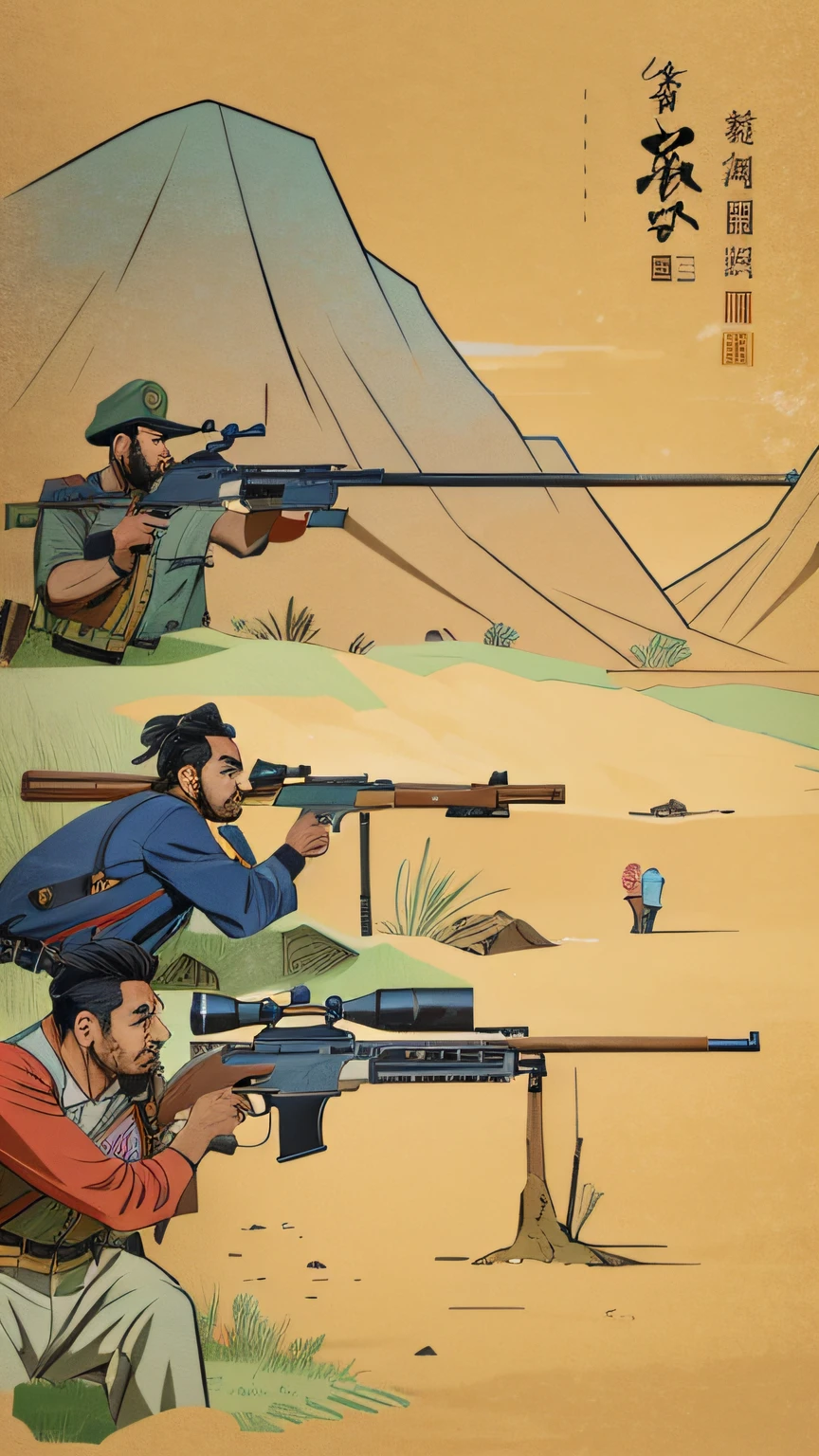 In the background are two men with guns and a dog, artwork in the style of z.Show on the. gu, north korea propaganda style, revolutionary art style, inspired by Sheng Maoye, author:Sheng Maoye, full-colour illustration, author:Matt Bosch, style of geof darrow, from three kingdoms, gta chinatowon art style, Giant guns