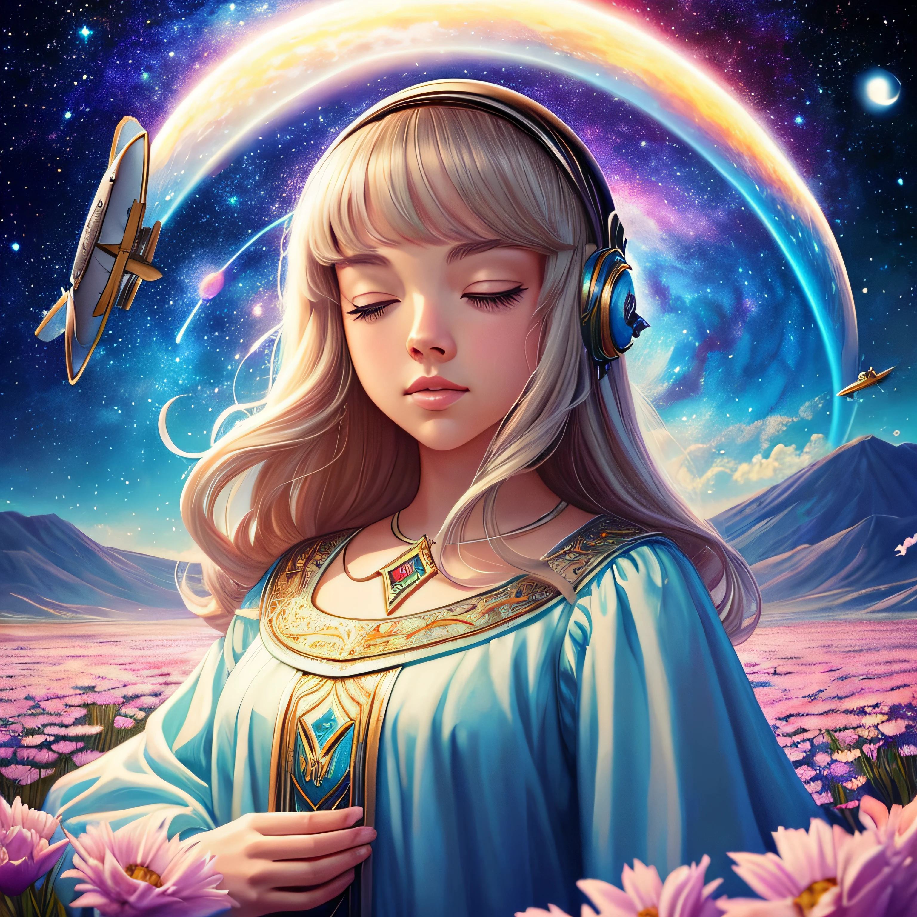 there's Amanda Seyfried who's praying with her eyes closed in a field of flowers, (((ela tem o cabelo curto))), (((flying saucer is visible in the sky))), (((galaxy is visible in the background))), (((roupa: hiphop))), arte digital detalhada bonito, Beautiful digital illustration, painting digital adorable, pintura realista da menina bonito, retrato bonito da arte da fantasia, retrato bonito da fantasia, stunning digital illustration, a beautiful artwork illustration, Digital painting nice, lindo pintura digital, retrato da arte da fantasia, bela arte digital, Bela arte UHD 4K
