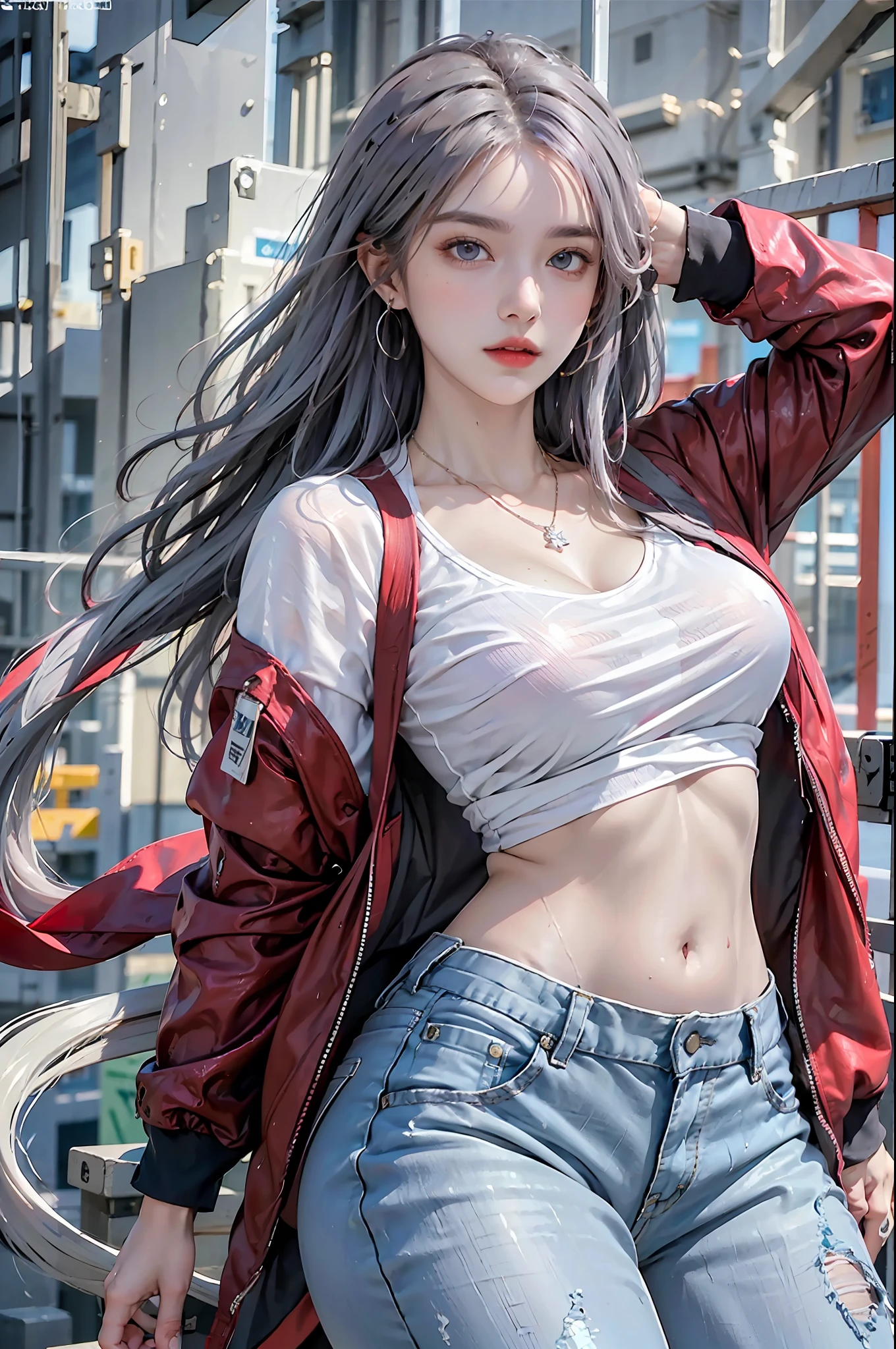 photorealistic, high resolution, 1 girl, hips up, beautiful eyes, wet skin, light purple hair, medium breast, corlorful t-shirt, blue pants , red jacket, streetwear, bracelets,elegant necklace, elegant diamond earrings