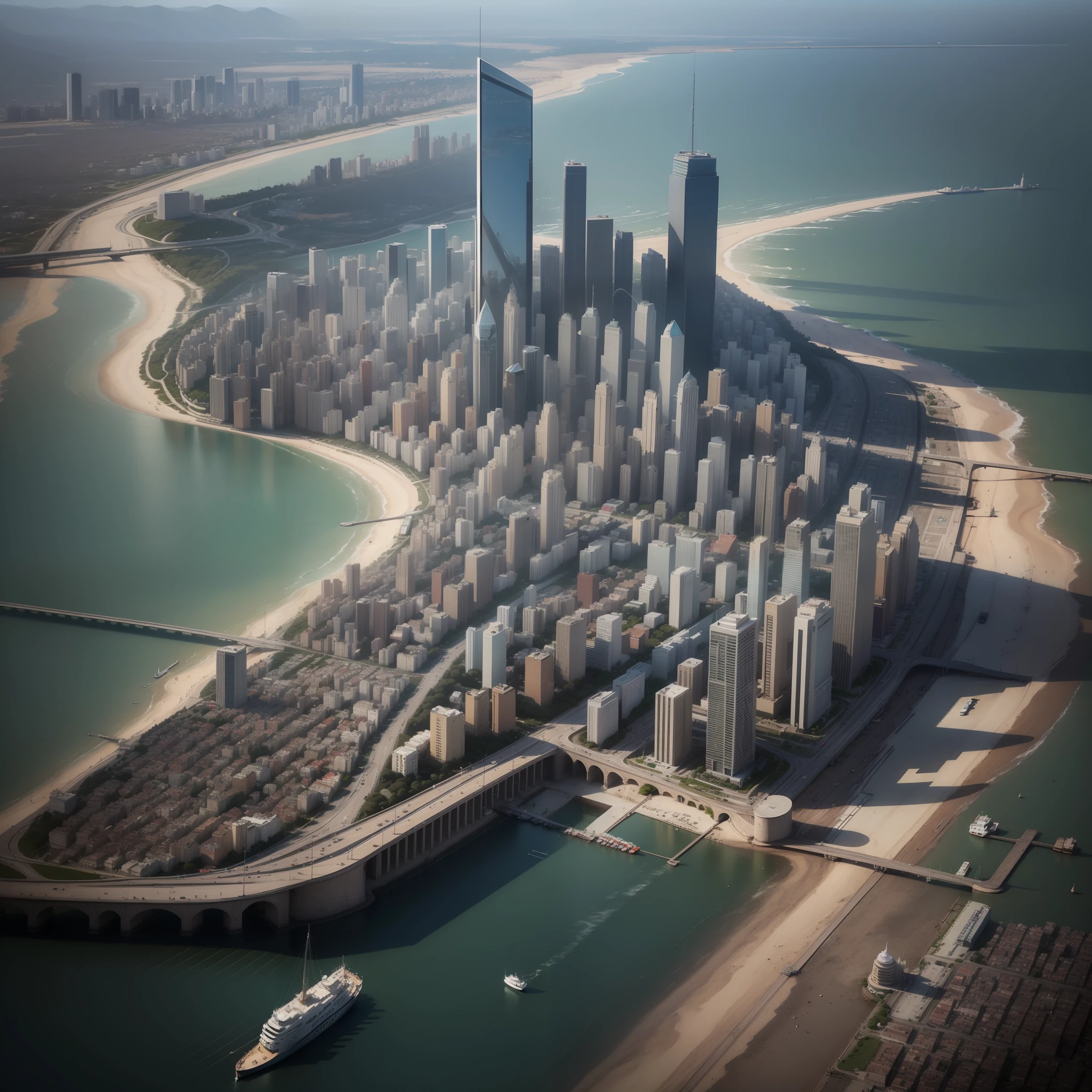 Aerial view of Large metropolis on the coast, corta por dois pequenos rios, with steel and glass skyscrapers in the center, urban and port areas, historic center with nineteenth-century French architecture, railway lines and residential areas, altamente renderizado, muito detalhe, foto realismo, ultrarrealistaHD 8k, obra prima, foto premiada