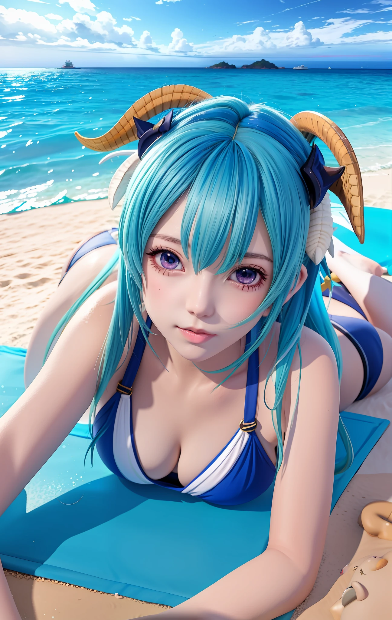 Anime girl with blue hair and goat tail lying on the floor, seductive anime girls, small curvaceous loli, azur lane style, realistic bikini, oppai, [ 4 K digital art ]!!, On a beach, trending on cgstation, in beach, on  the  beach, Loli, relaxing at the beach, SFW version, in the beach