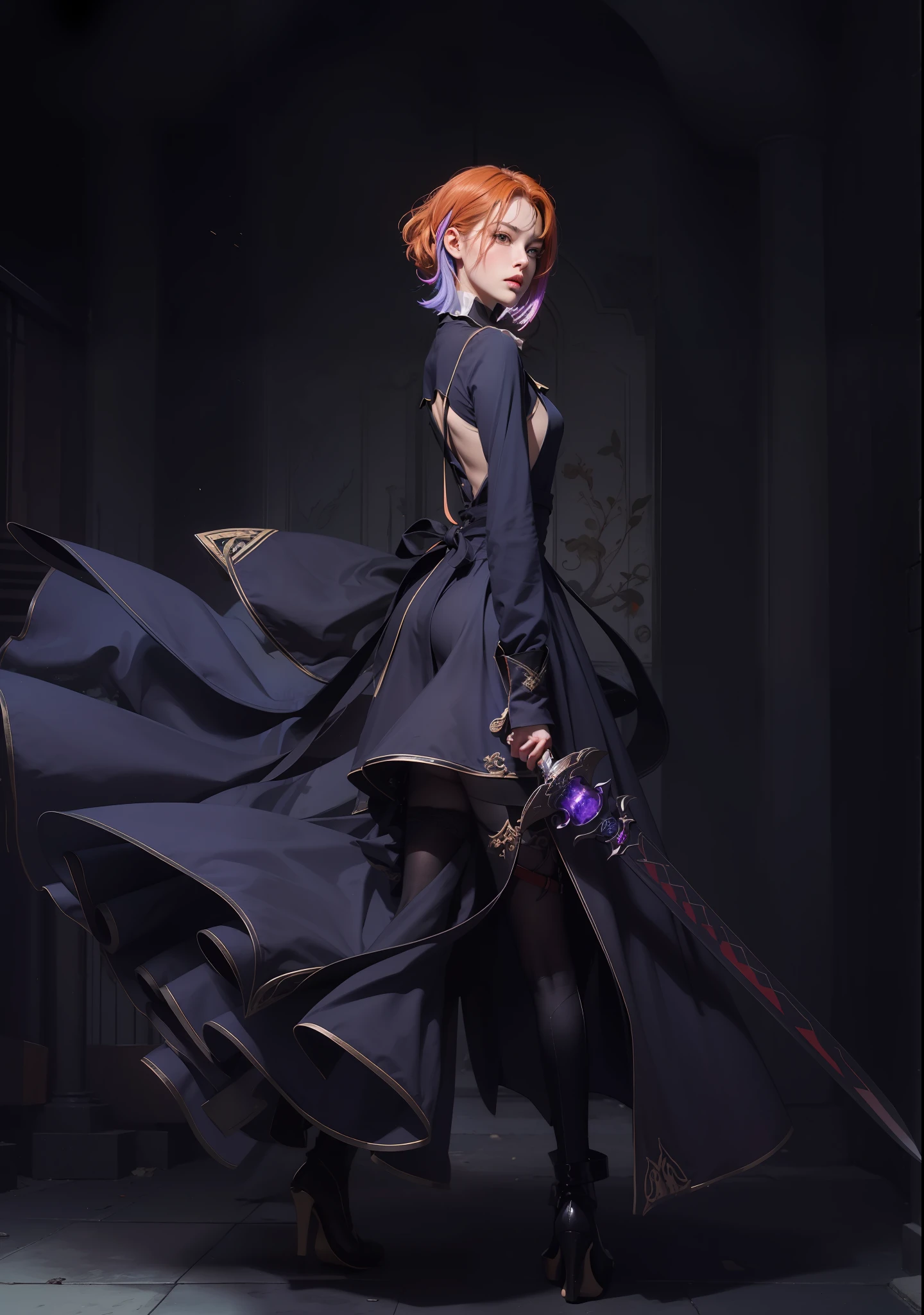 concept art, overhead angle of a Will-o'-the-wisp, wearing Funny Somali Emerald deep orange Pinafore, Caramel hair styled as Short hair, fluorescent purple Hair tie, equirectangular 360, Highres,  [(art by Willi Baumeister:1.1), (art by John T. Biggers:1.2)::17], official art, unity 8k wallpaper, ultra detailed, aesthetic, masterpiece, best quality, photorealistic, black sword