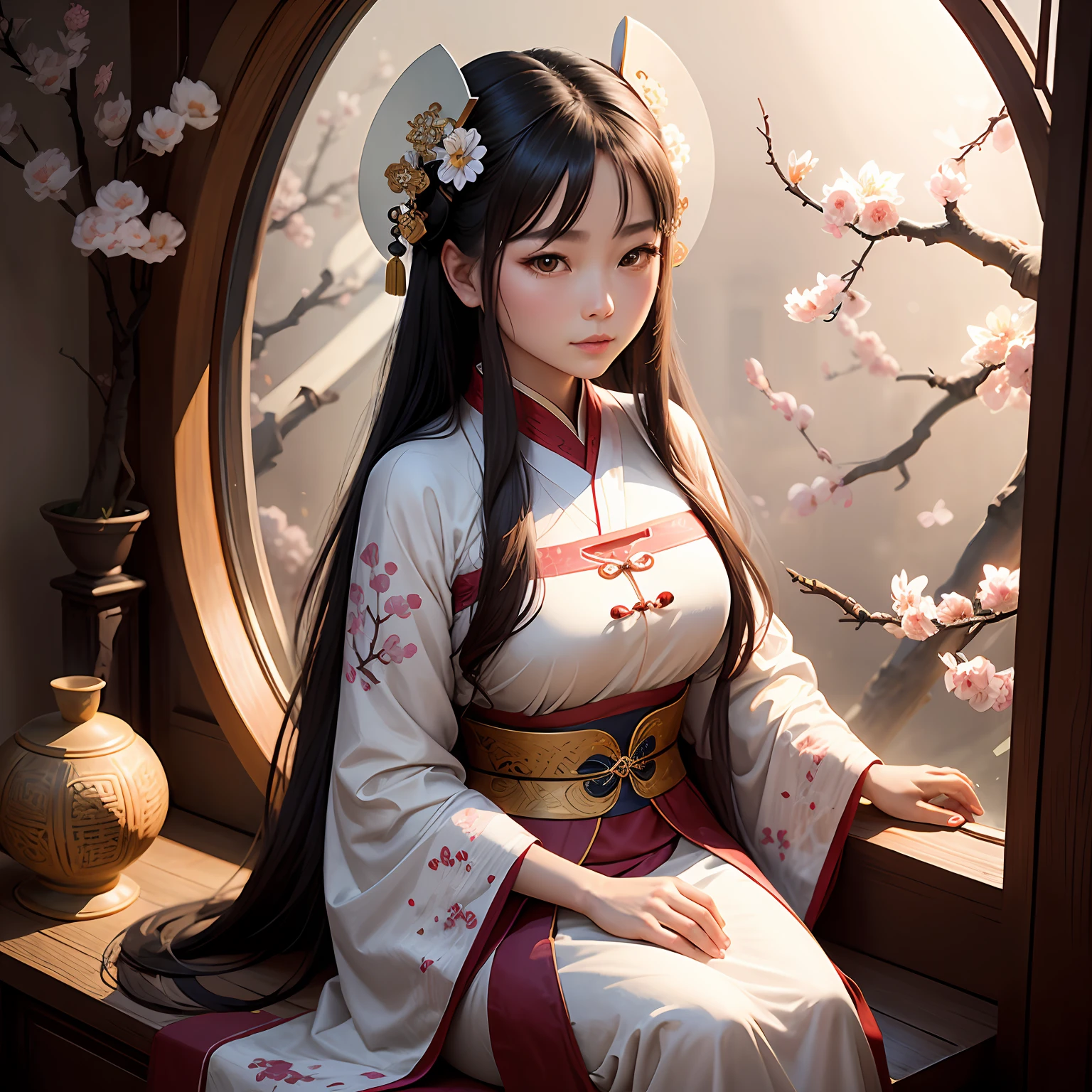 tmasterpiece,A woman sits on a windowsill,A round Chinese window sill,Full of plum blossoms,A woman in Hanfu,Tang dynasty Chinese woman,Detailed and delicate face --auto