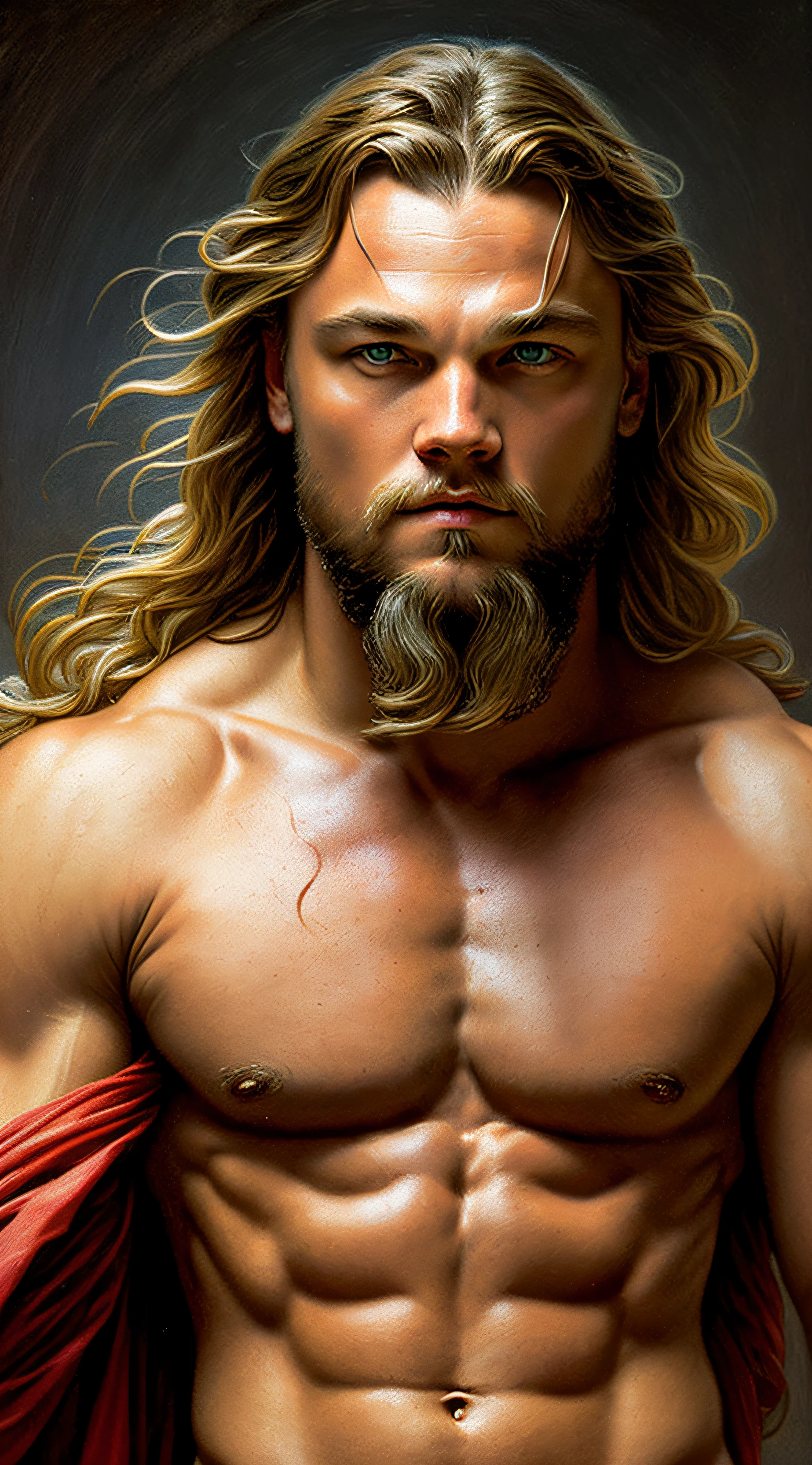 Painted Portrait Leonardo Di Caprio as Zeus Rugged, God of Thunder, Greek God, Blonde Hair, Male, Mature, Handsome, Upper Body, Muscular, Hairy Torso, Fantasy, Intricate, Elegant, Highly Detailed, Digital Painting, Art Station, Concept Art, Soft, Sharp Focus, Illustration, Art by Gaston Bussiere and Alphonse Mucha --auto