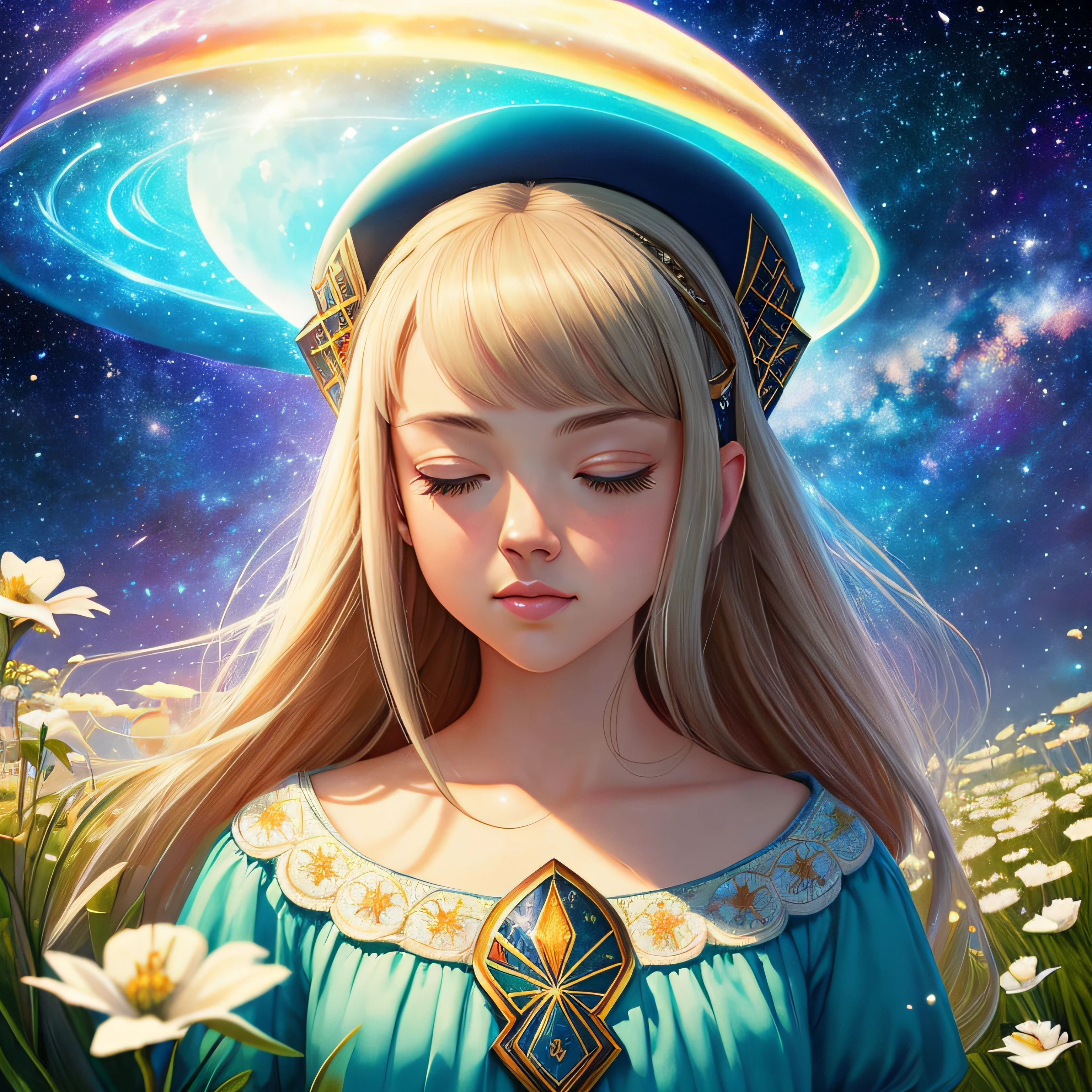 there's Amanda Seyfried who's praying with her eyes closed in a field of flowers, (((ela tem o cabelo curto))), (((flying saucer is visible in the sky))), (((galaxy is visible in the background))), (((roupa: hiphop))), arte digital detalhada bonito, Beautiful digital illustration, painting digital adorable, pintura realista da menina bonito, retrato bonito da arte da fantasia, retrato bonito da fantasia, stunning digital illustration, a beautiful artwork illustration, Digital painting nice, lindo pintura digital, retrato da arte da fantasia, bela arte digital, Bela arte UHD 4K