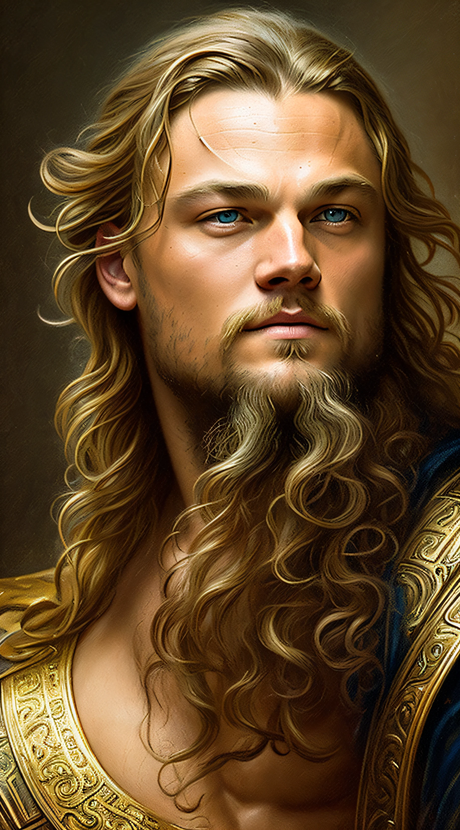 Painted Portrait Leonardo Di Caprio as Zeus Rugged, God of Thunder, Greek God, Blonde Hair, Male, Mature, Handsome, Upper Body, Muscular, Hairy Torso, Fantasy, Intricate, Elegant, Highly Detailed, Digital Painting, Art Station, Concept Art, Soft, Sharp Focus, Illustration, Art by Gaston Bussiere and Alphonse Mucha --auto