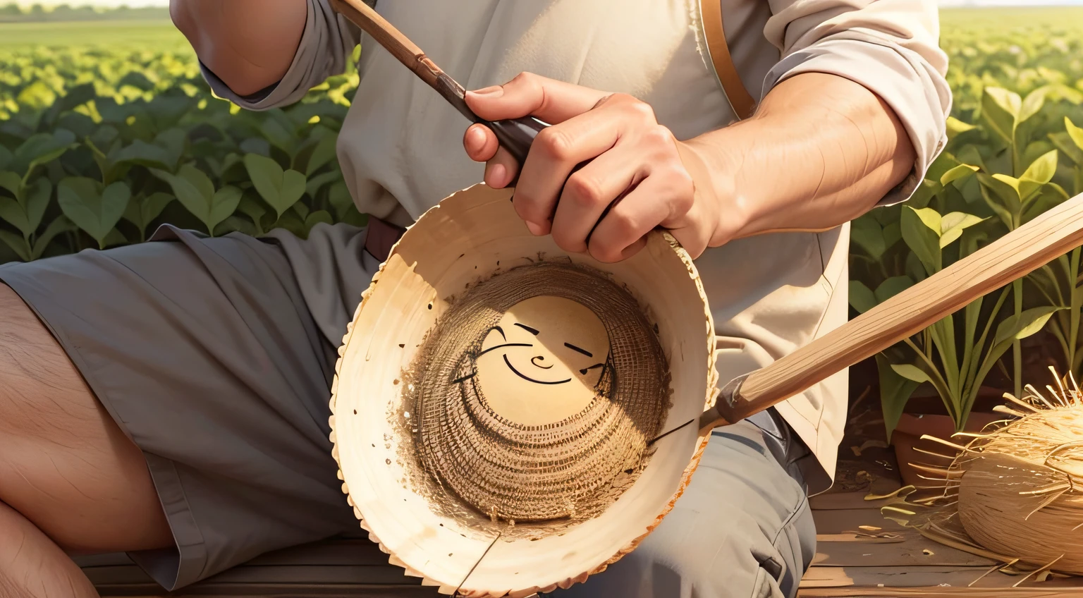 Drawing a farmer uncle holding a seed,Smile joy,Wearing sweat