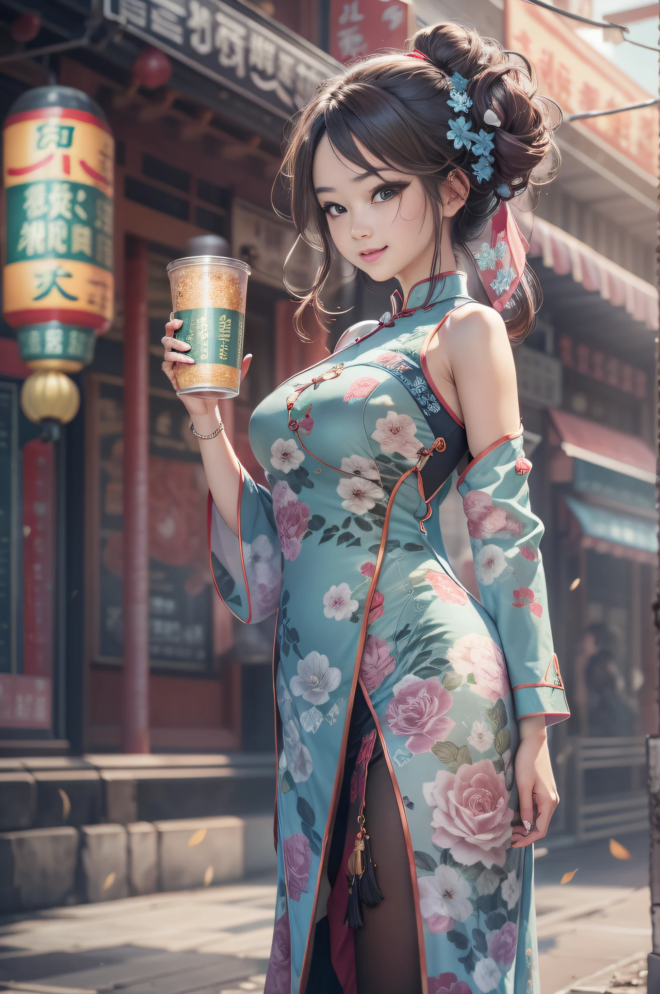 Very beautiful woman. She wears a cheongsam, The background is Chinatown, Very long hair, aqua eyes, lightsmile, Art deco, Glitter Effect,  One-person viewpoint, Sony FE GM, nffsw, retinas, masutepiece, ccurate, Anatomically correct, Textured skin, Super Detail, high details, High quality, awardwinning, Best Quality, hight resolution, 1080p, hard disk, 4K, 8K, 16 K