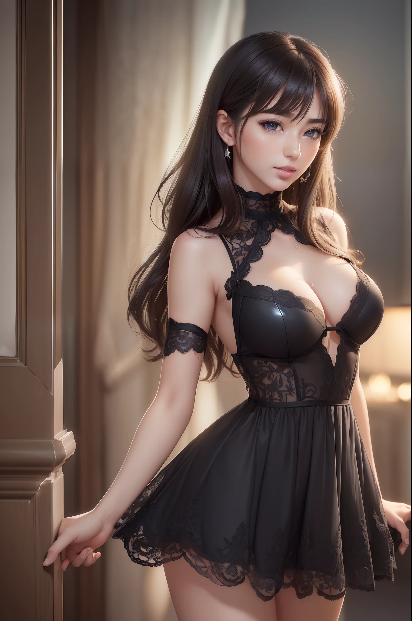 64K CG image of sexy attractive girl in lace black dress in trendy outfit(ultra hyper realistic:1.5)Create a。The image is、Vivid and very sharp details(Ultra Sharp Detail:1.5)and stunning color depth(color depth:1.25)Must be full of。Her sexual characteristics(Sexual characteristics:1.2)、Bewitching eyes、rosy cheeks、And a seductive smile should be the center of attention。The image is、Must mimic the unparalleled clarity and color vividness of photos taken with an ultra-high-end camera like the Hasselblad H6D-400c MS(F / 2.Uses a 24mm lens with 8 apertures:1.4)、(Big with cleavage:1.2)、(Highly detailed beautiful gray eyes and clear eyebrows、(Natural discreet lips without corners:1.2)and medium brown hair:1.2)、 (Perfect litthing、Side lighting、light  leaks、shinny skin:1.5)、With bangs