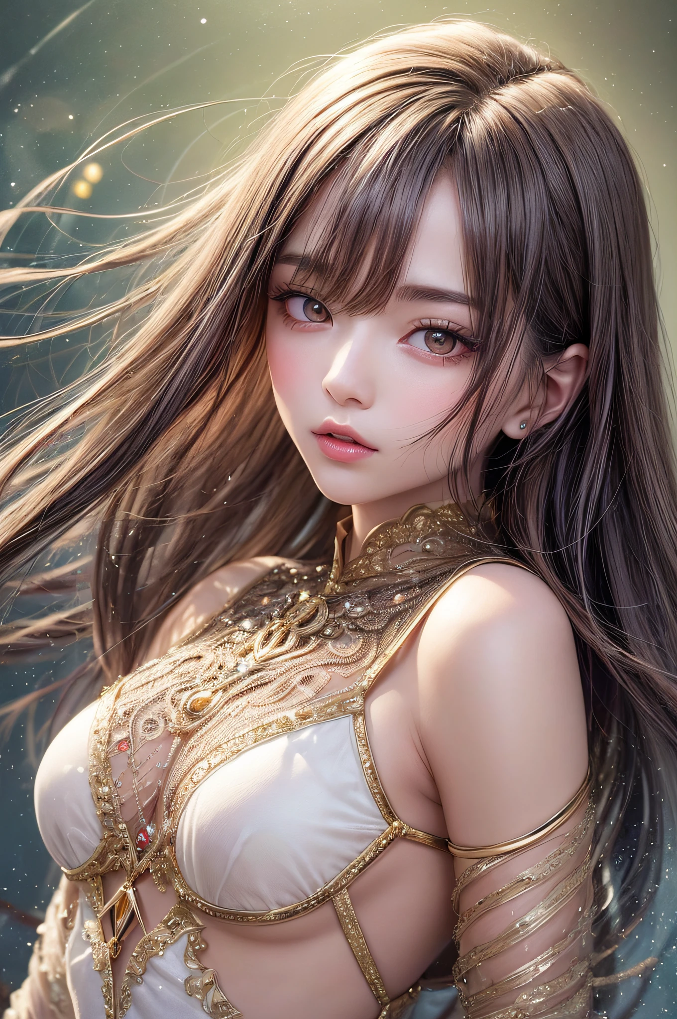 Beautiful girl story wrapped in love, Beautiful eye details, A captivating anime girl gracefully emerges from the pages of a watercolor painting, Her vivid and complex colors are, Bring your artwork to life, (see-through transparent clothes, Transparent costume:1.5), She wears a fantasy see-through costume with a transparent chest adorned with delicate details, Fascinating worldview, Luminescent elements, Glowing crystals surround her like air, casting a soft, otherworldly glow, The style of watercolor painting is、Imbues the image with a sense of fluidity and delicacy, as if the colors are effortlessly blending and bleeding into one another, Camera shot: medium shot, Soft Focus, luminescent glow Lighting, watercolor brushstrokes, Sophisticated and very delicate anime illustration, unique colors, Portrait of an anime girl, Costume with open chest, Irridescent color, beautiful girl illuminated by seven colors of light,