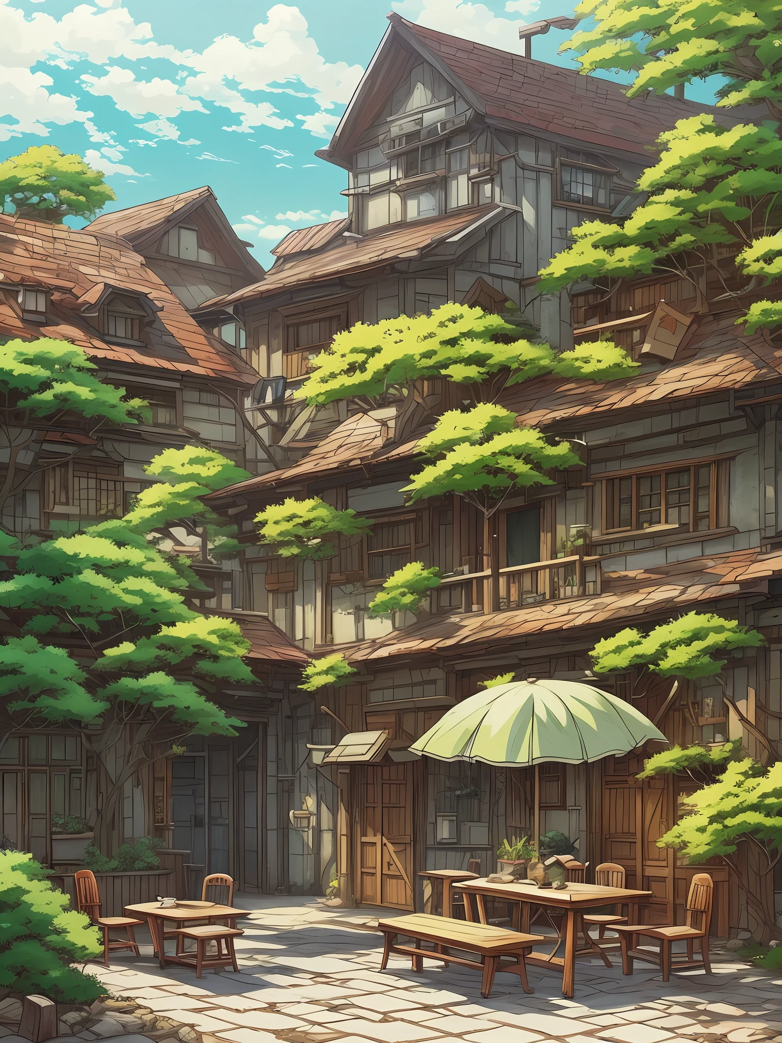 painting of a courtyard with a table and chairs and a bench, anime background art, relaxing concept art, anime scenery concept art, immensely detailed scene, a beautiful artwork illustration, detailed scenery —width 672, studio ghibli environment, highly detailed scene, environment design illustration, beautiful anime scene, ghibli studio style, anime scenery, detailed soft painting, environment painting --auto