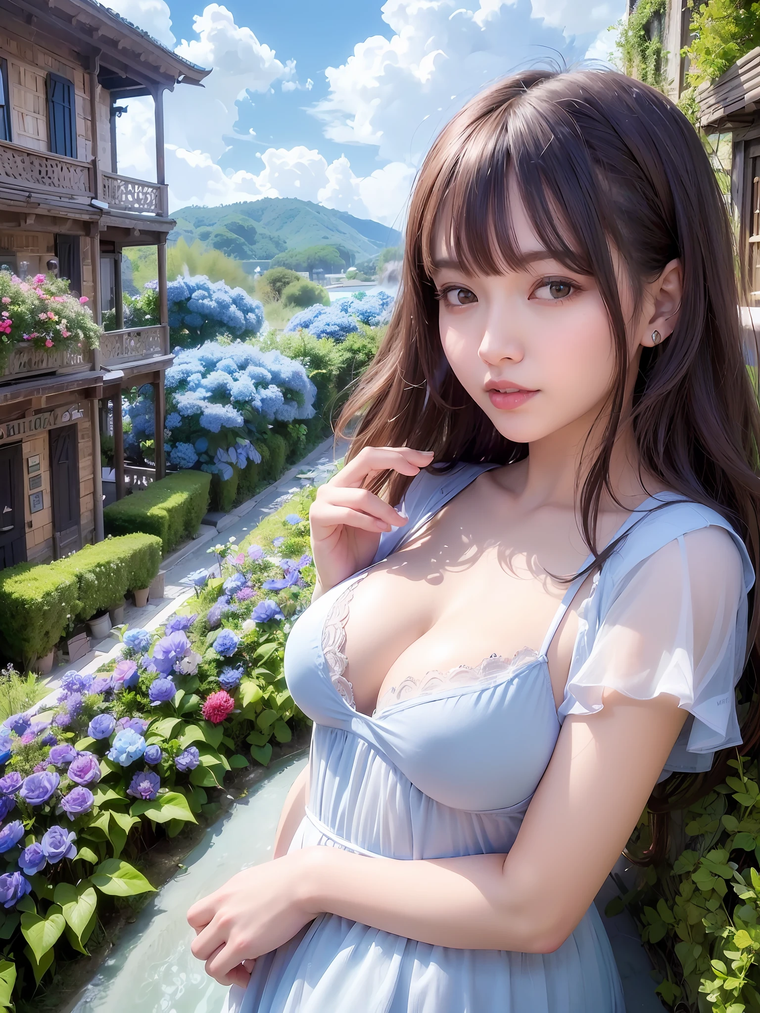 (dynamicposes:1.4), (dynamic ungle:1.4), Romper (细致背景:1.4)、hyper detailed background、(Floating light blue clouds:1.4)、(Floating blue flowers:1.4)、 Romper (perfect anatomia、perfect hand:1.4)、(Perfect five fingers:1.4)、(Perfect 4 long fingers and perfect short thumb:1.4)、(Thumb shorter than the other 4 fingers:1.4)、(Perfect two arms:1.4)、(Perfect two legs:1.4)、((top-quality、8K、masterpiece:1.3))、1girl in、A smile、full body Esbian、Slim Faces、Pretty women、(dark brown hair)、hyperdetailed face、A detailed eye、二重まぶた、blured background、Cute、extremely delicate and beautiful girl、Happy smiling face、Overall、ultra-detailliert、small mouth、Colossal tits、(foco nítido:1.3)、(fullllbody:1.5)、 1girl in、(Detailed beautiful skin、A detailed face:1.2)、Curvaceous、 cleavage of the breast、Curvaceous、Look at viewers、bob cuts、Dowel Dowel T-Shirt