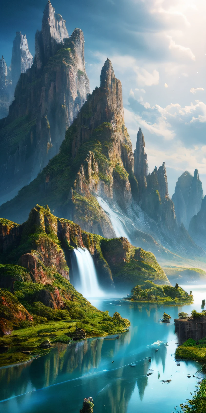 Masterpiece, best quality, high quality, extremely detailed CG unity 8k wallpaper, landscape, outdoor, sky, cloud, sky, no humans, mountain, landscape, water, tree, blue sky, waterfall, cliff, nature, lake, river , cloudy skies, award winning photography, bokeh, depth of field, HDR, bloom, chromatic aberration, photorealism, very detailed, trending on artstation, trending on CGsociety, intricate, high detail, dramatic, midjourney art