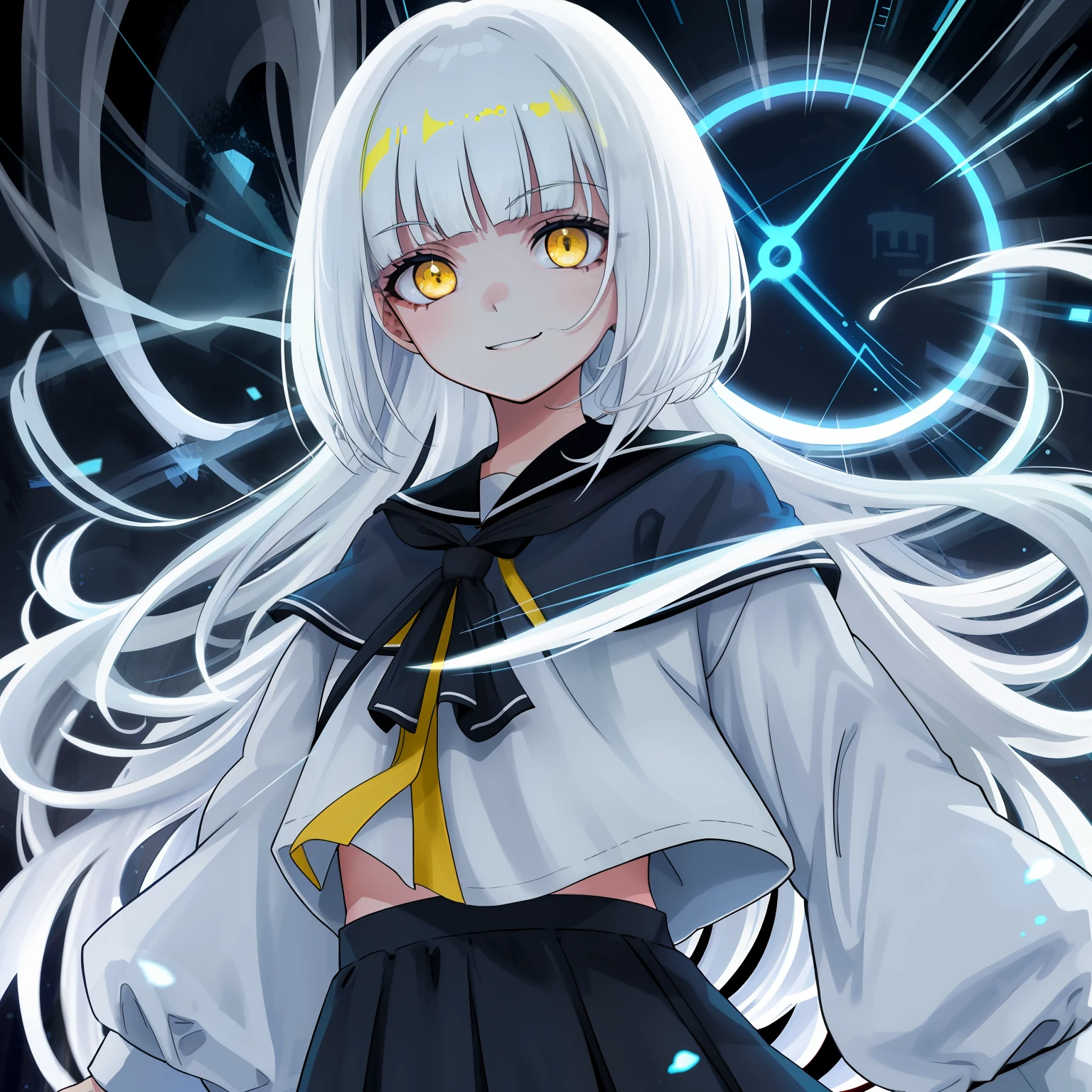 1girl, maquillaje, yellow eyes, ojos brillosos, happy, mirando al espectador, flequillo contundente, alta resolucion, Uniforme escolar, Serafuku, falda, bowl cut hair, delineador, cejas ocultas por el pelo, rainy background, cuerpo completo, white gradient blue colour hair, dando la mano, Aureola