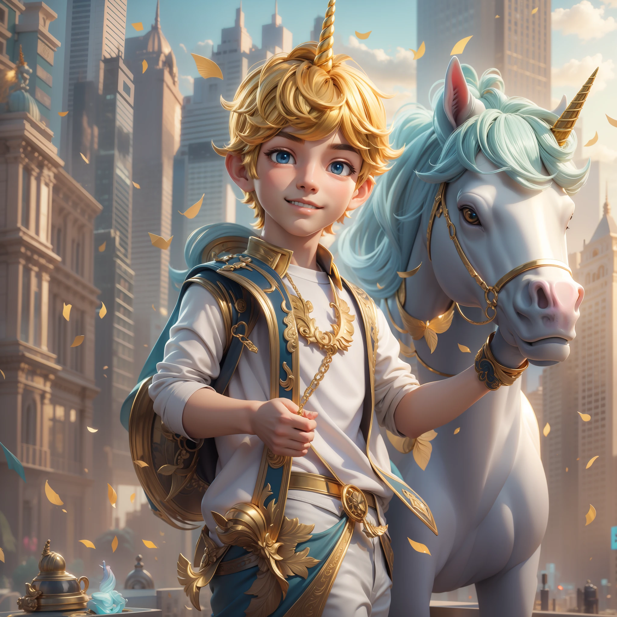 unicorn boy, smart, rich, happy, city, golden, masterpiece, 3dmm style, look at viewer