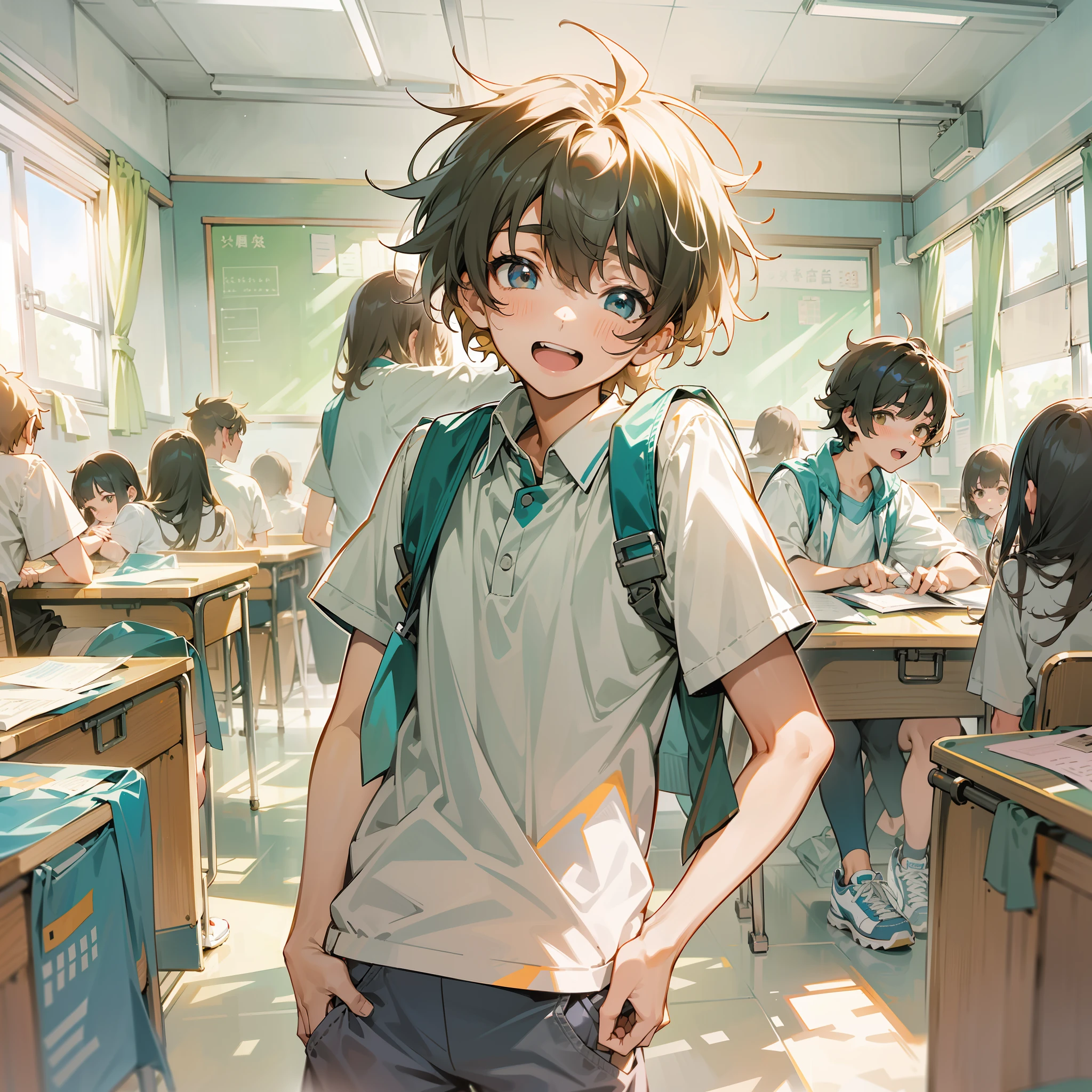 A 15-year-old junior high school boy stands in a classroom,Shota,Round face and round chin,Slightly hunched,White top,Messy bangs,Laugh awkwardly,Eyes widen,sideface,athletic sneakers。and the sun was shining brightly,Classroom,quadratic element