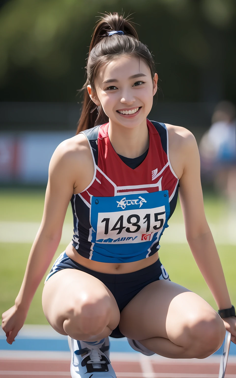 extremely detailed CG unity 8k wallpaper, best quality, ultra-detailed, masterpiece, realistic, photo realistic, extremely detailed cute girl, 25years old, medium breasts,(wearing Track and Field Uniforms), (race bib), smile , Half body shot , track-and-field arena , squat , short ponytail