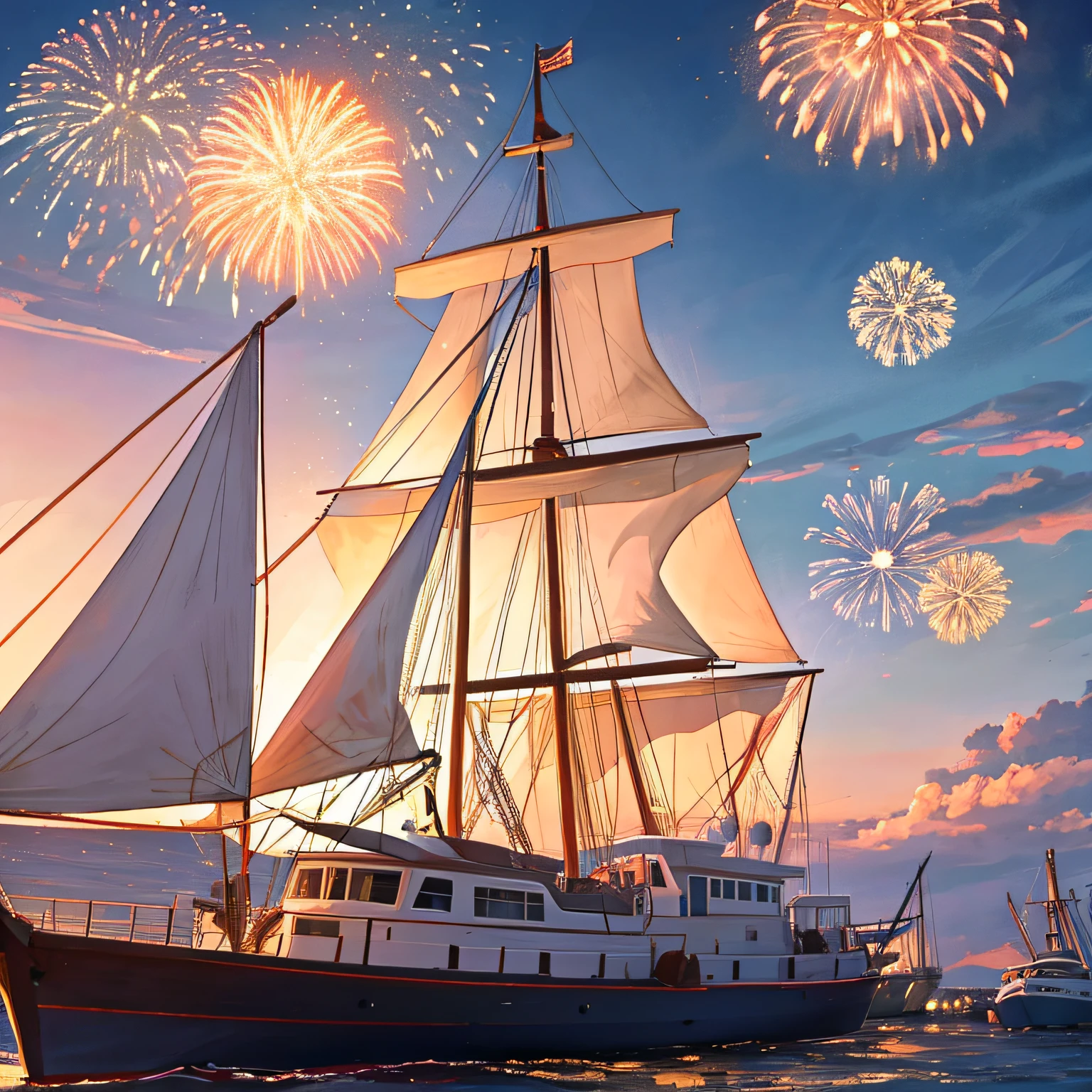 (Picture details:The sailboat crosses the port, evening light, Fireworks bloom) --auto