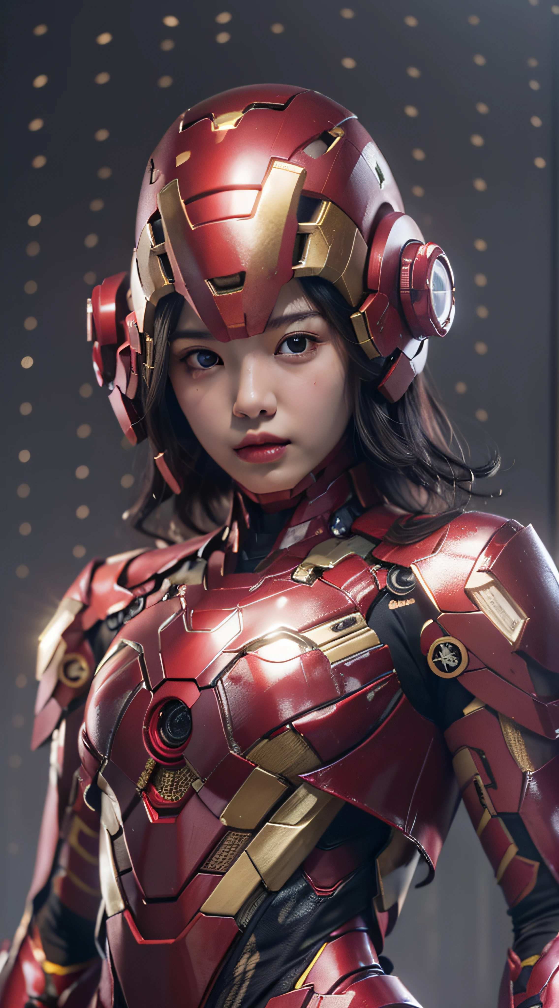 tmasterpiece,1 Korean girl,,hair adornments,realisticlying,8K UHD,high high quality,in the background bokeh,Iron Man armor,Golden Iron Man,Iron Man,Warframe wraps around the whole body,with short black hair,s the perfect face,Ultra-clear face,Elaborate Eyes,idoly