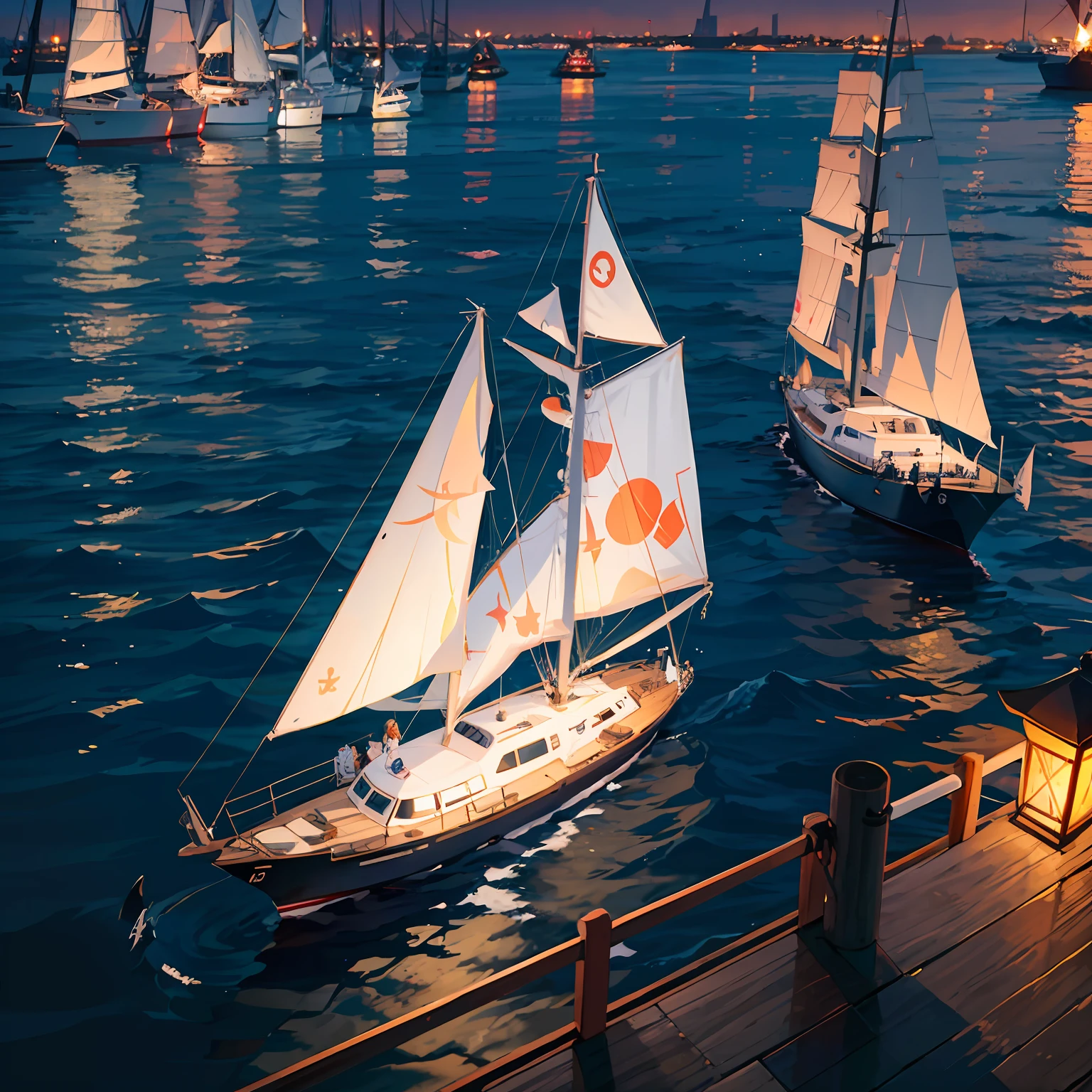Picture details:The sailboat crosses the port,evening light,Fireworks bloom,vibrant with colors。 --auto