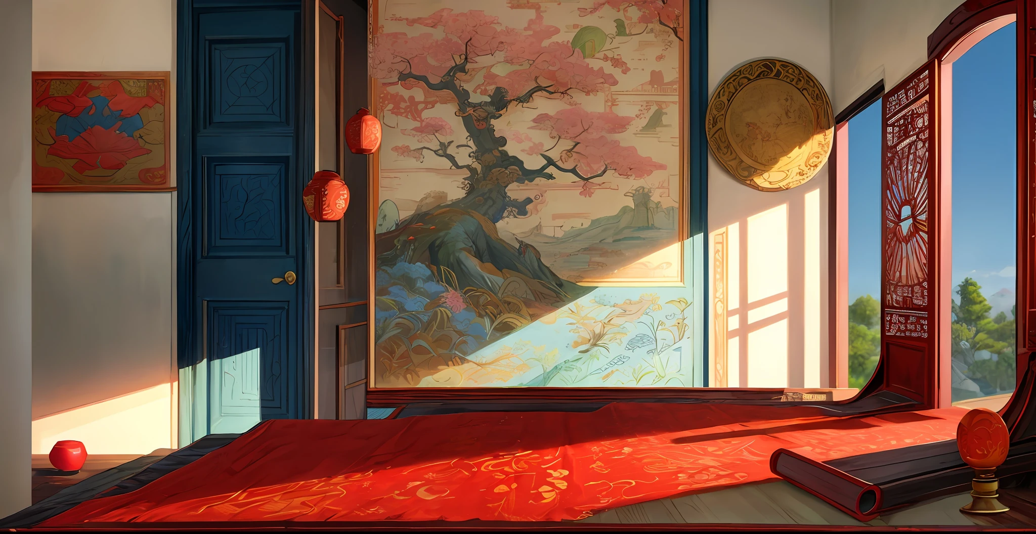 dominant colors: （（（Overall red））），real rendering，Reallightandshadow，(Antique interior design)、Chinese home furnishings、Circular entrance、Depth、symmetrical design、((Antique carved door beams、carved beam paintings、tables and chairs、Bonsai、vases、chinaware、the trees、florals、Chinese lamps、Embroidery、screen、Beds、cushion、Blue sand curtain))、Exquisite home、rich details​、Ancient Chinese Ming dynasty style、Quiet and elegant atmosphere、The blue tone is the base tone、Delicate and soft painting style、Cinematic lighting effects、high-definition picture quality、softlighting、Tyndall effect、dream magical、rich details​、Refer to Gu Kaizhi、32K、high high quality、A high resolution、VerydetailedCG，Realistic background, Fundo sala de estar,, hyper detailed scene,, realistic detailed background, highly detailed scenario, arte de fundo, detailed scene, round background