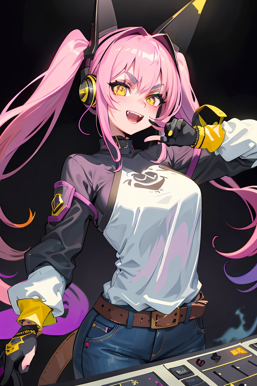 Original Character, Volumetric Lighting, Best Shadows, Shallow Depth of Field, Portrait Of Stunningly Beautiful Girl, Petite, Delicate Beautiful Attractive Face With Alluring Yellow Eyes, Messy Painted Face, Sharp Eyebrows, Dj Headset, Broadly Smiling, Open Mouth, Fangs Out, Lovely Medium Breasts, Layered Long Twintail purple Hair, Blush Eyeshadow, Thick Eyelashes, Oversized Pop Jacket,  Slim Waist, Denim Jeans Pants, With Buckle Belt, In a club, in front of DJ controller, Standing, (Highest Quality, Amazing Details:1.25), (Solo:1.3), Brilliant Colorful Paintings