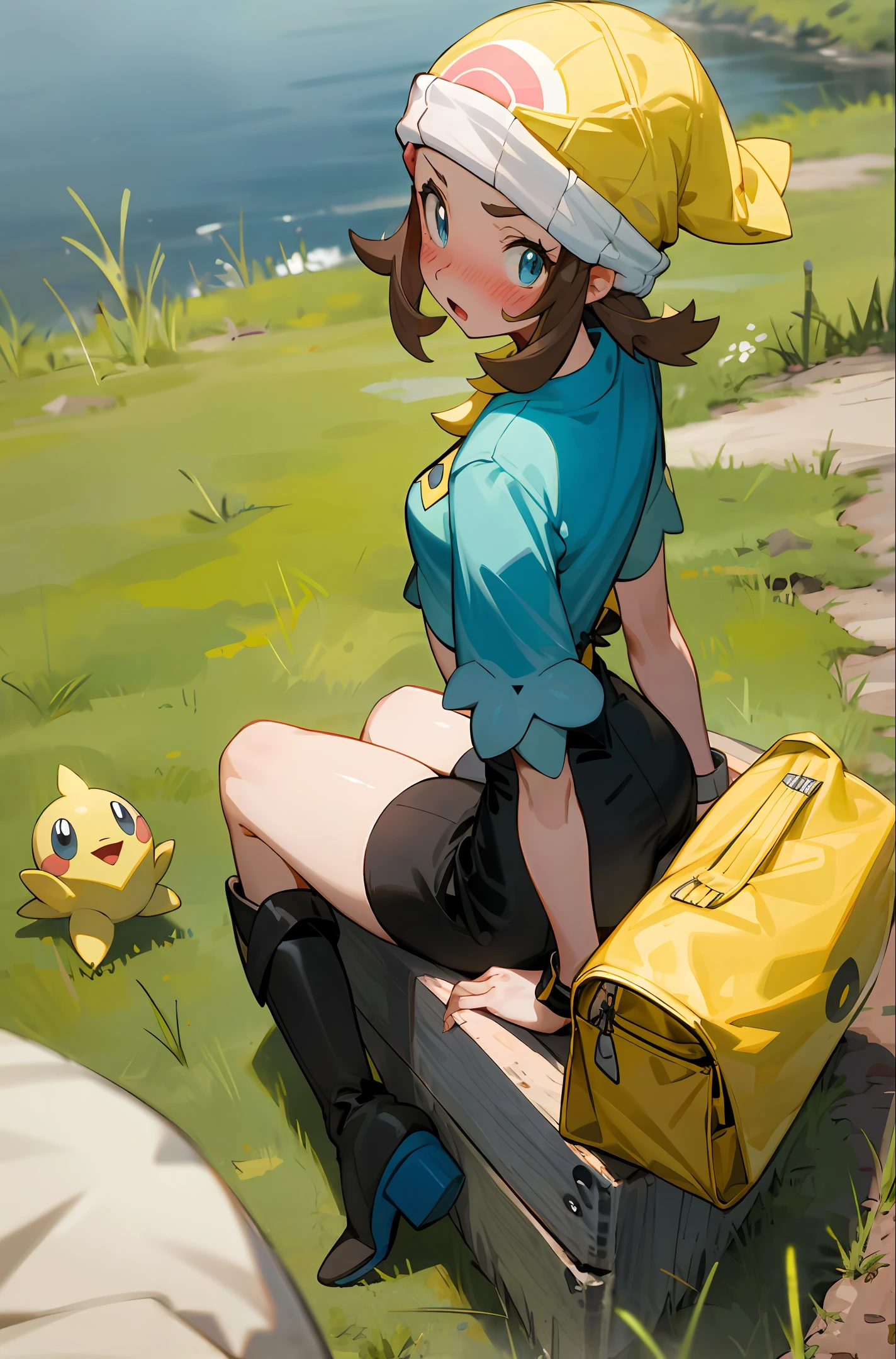 (masterpiece), dawn \(pokemon\), from above, small breasts, sitting on blanket, looking back, (()), blush, embarrassed, blue eyes, (boots:1.2), beanie, (river:1.18), dirt, grass, ((yellow bag)), (/:o:0.65)