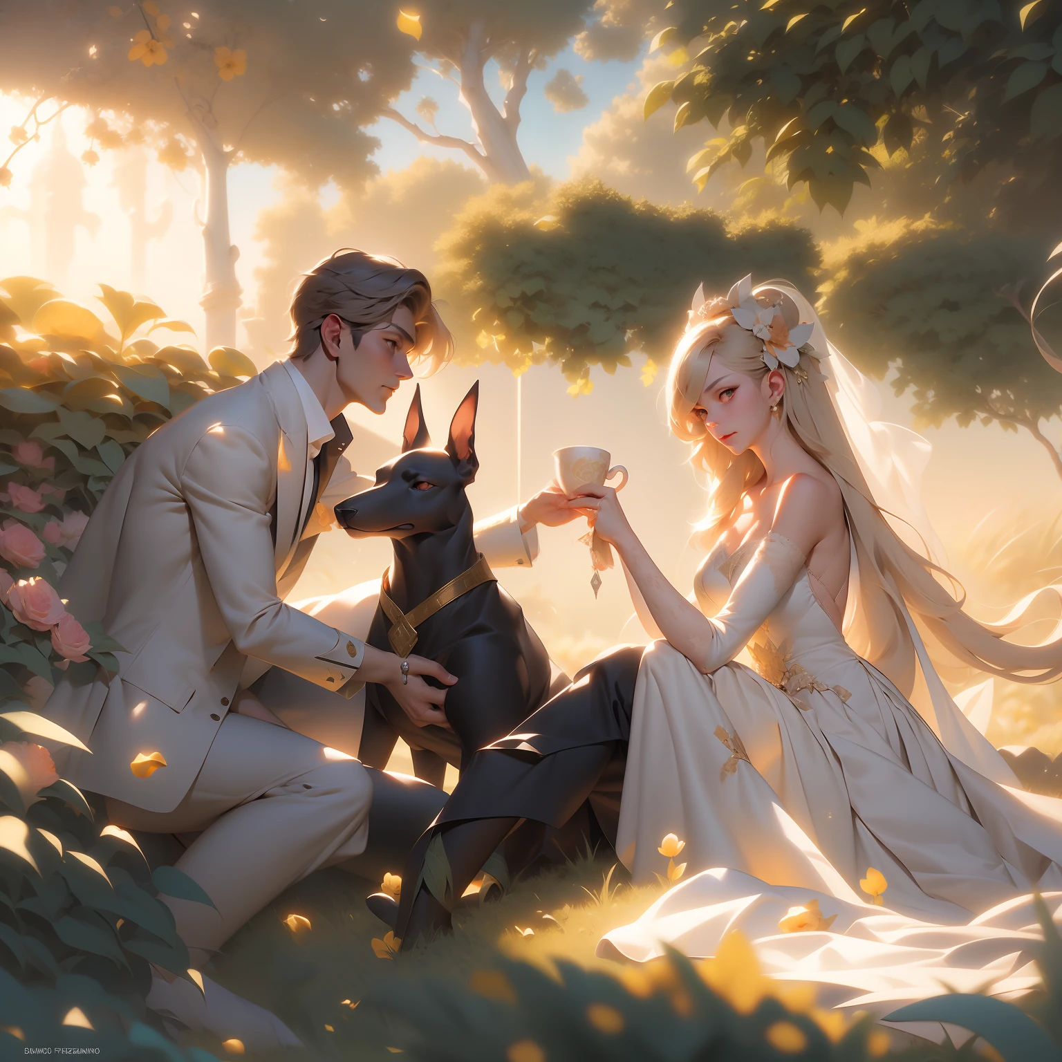 bride and groom sitting on grass with sun setting in background with doberman, sitting on one knee on the grass, sun drenched, roberto ferri and ruan jia, very magical and dreamy, bride and groom, during golden hour, photo from vogue magazine, golden hour sunset lighting, golden hour sunlight, shot at golden hour, soft golden hour lighting, sparkling in the sunlight, from girls frontline, kda, from arknights, artwork in the style of guweiz, mysterious coffee shop girl, fine details. girls frontline, by Shitao, girls frontline style, highly detailed exquisite fanart, in a bright cafe, kawacy, high quality fanart,masterpiece, best quality, (extremely detailed CG unity 8k wallpaper), (best quality), (best illustration), (best shadow), absurdres, realistic lighting