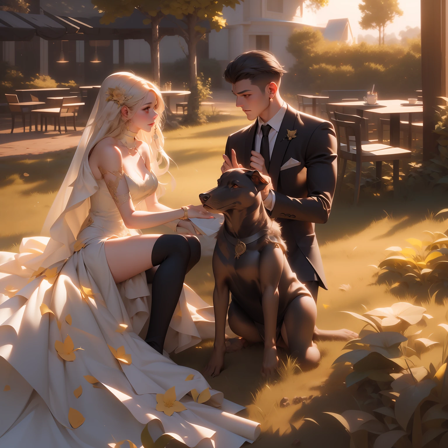 bride and groom sitting on grass with sun setting in background with doberman, sitting on one knee on the grass, sun drenched, roberto ferri and ruan jia, very magical and dreamy, bride and groom, during golden hour, photo from vogue magazine, golden hour sunset lighting, golden hour sunlight, shot at golden hour, soft golden hour lighting, sparkling in the sunlight, from girls frontline, kda, from arknights, artwork in the style of guweiz, mysterious coffee shop girl, fine details. girls frontline, by Shitao, girls frontline style, highly detailed exquisite fanart, in a bright cafe, kawacy, high quality fanart,masterpiece, best quality, (extremely detailed CG unity 8k wallpaper), (best quality), (best illustration), (best shadow), absurdres, realistic lighting