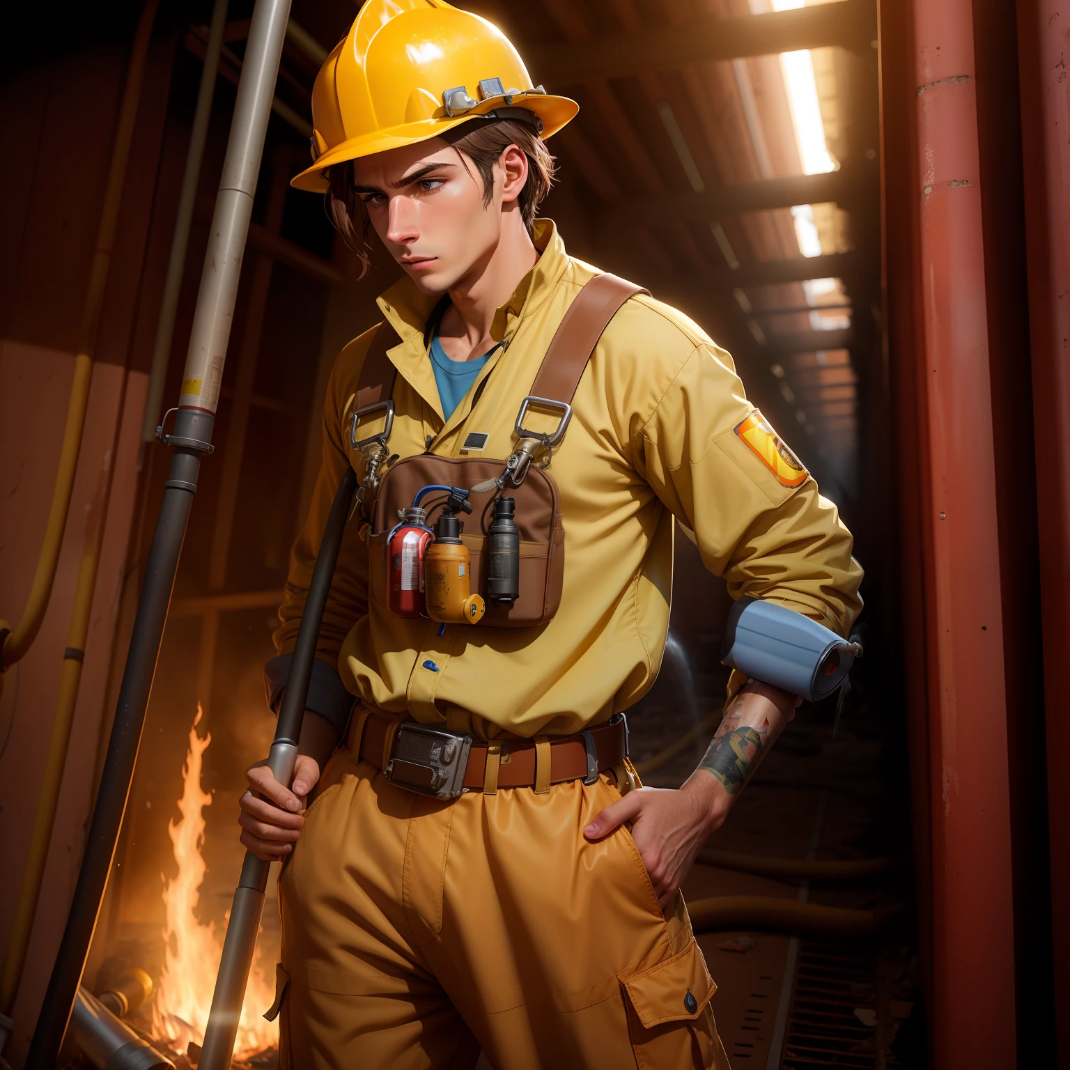 Male firefighter holding water cannon to extinguish open flames,Headband oxygen cylinder,Carrying an oxygen tank on his back,Run forward head-on,Behind are the ruins