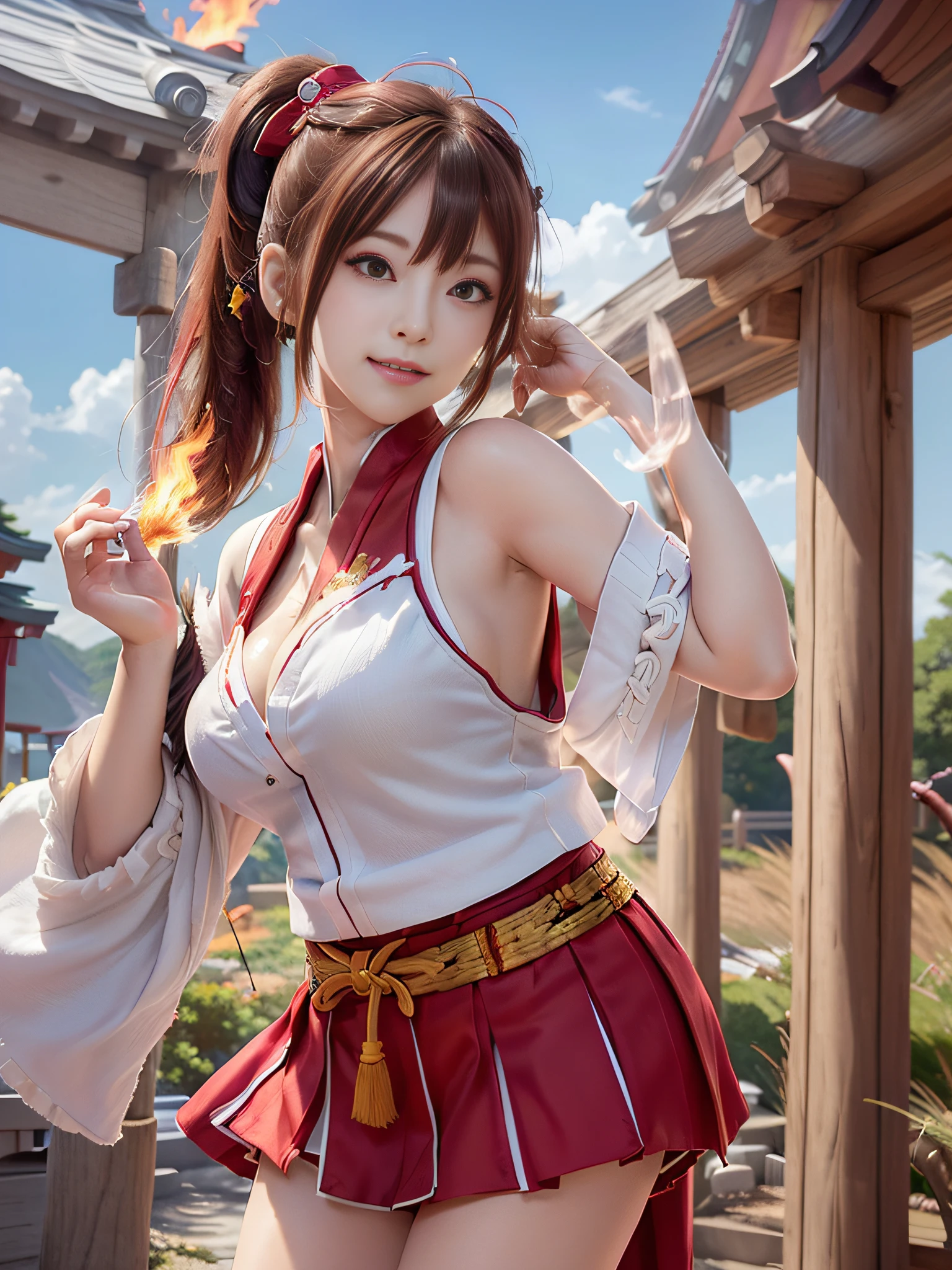 (masutepiece, top-quality:1.32), (Ultra High Quality, 超A high resolution: 1.3), (CG Unity 8k wallpapers:1.2), (Detailed eyes and skin:1.35), (detailed facial features:1.25), (Detailed eyes:1.36), precise and perfect human body structure, (Textured skin: 1.26), (Realistic, photographrealistic: 1.27), award - winning photo, Depth of Picture, Shading by sunlight、 Tsurime、smirking mischievously、cleavage of the breast、Colossal tits、Attractive thighs、juicy thighs、 Red hair, ((Side Ponytail:1.5)), thick bangs, ((shrine maiden clothe:1.2)), skirt by the、long boots、 a wizard、Sorcerer、 Fantasia、Pillar of fire、Fireball、