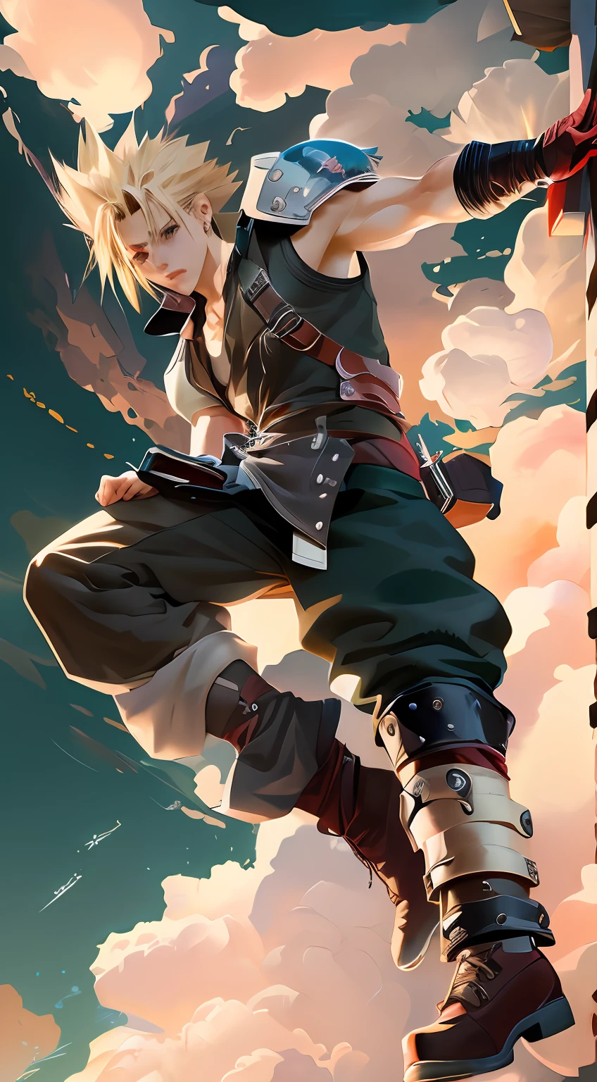 cloud from final fantasy vii in jump pose with modern architecture background ,,masterpiece, best quality, (extremely detailed CG unity 8k wallpaper), (best quality), (best illustration), (best shadow), absurdres, realistic lighting, (Abyss), beautifully detailed glow,anime - style image of a young man in a full outfit jumping in the air, cloud strife, art style of dark cloud 2, from ff7, final fantasy fan art, portrait of cloud strife, from final fantasy vii, cloud, anime epic artwork, epic anime style, badass anime 8 k, ff 7, cushart kenz, anime wallpaper