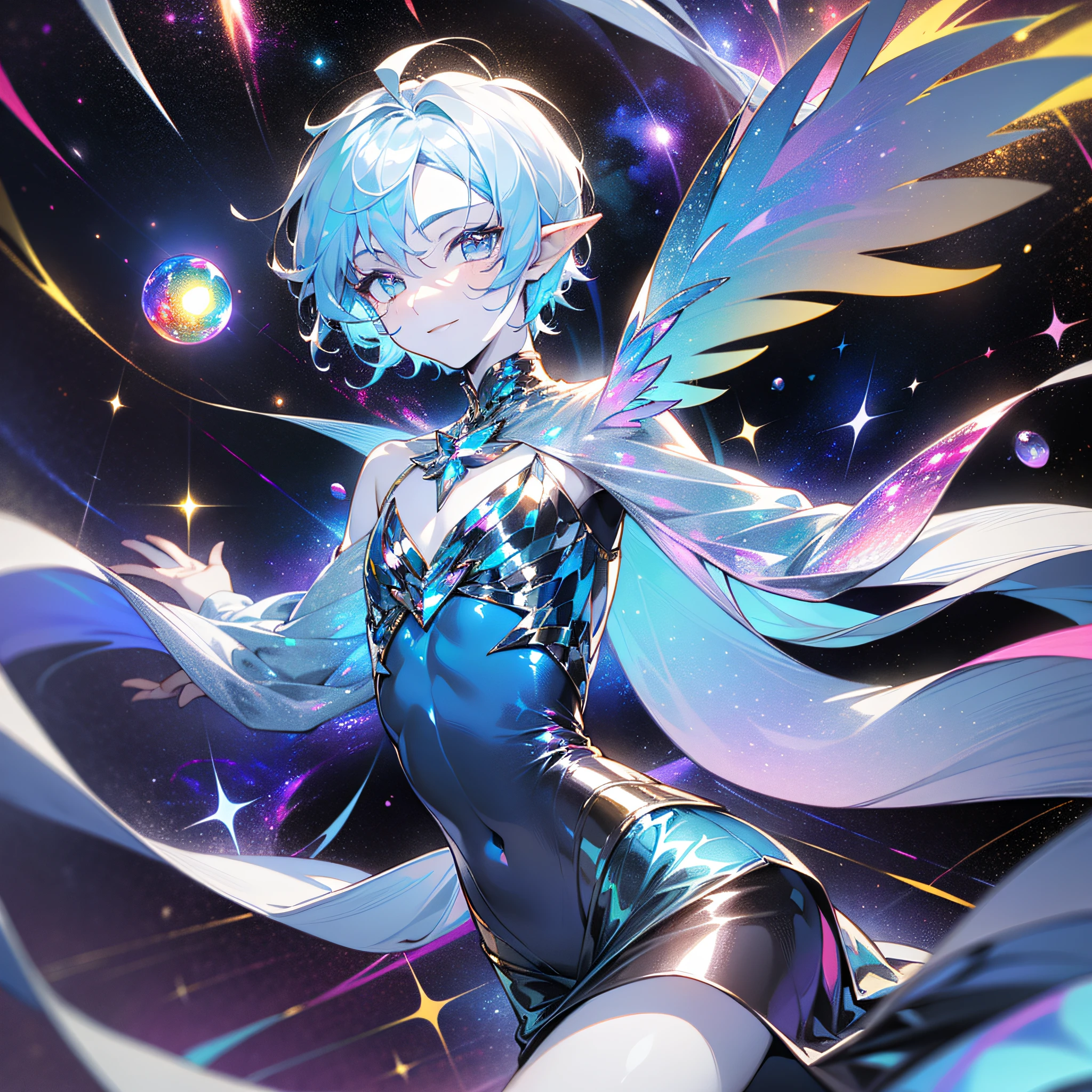 young man, (((male))), (male face), boy, (twink), (((one person))), (((single))), (((solo))), 1guy, (((slim body))), slim figure, ((slim waist)), (((flat chest))), (((very flat chest))), pointy ears, (((pale blue colored hair))), (((silver colored eyes))), (((iridescent eyes))), (glowing eyes), pale skin, galaxy in the background, space in the background, stars and planets in the background, (((fantasy style))), (((sparkling clothes))), (((metallic clothes))), (((glitter))), ((shiny clothes)), ((colourful sparkles)), (((floating in space))), (holding a colourful glowing orb), magic, ((holographic wings)), flowy short skirt, short flowy skirt, smiling, (four-armed god), (four arms)