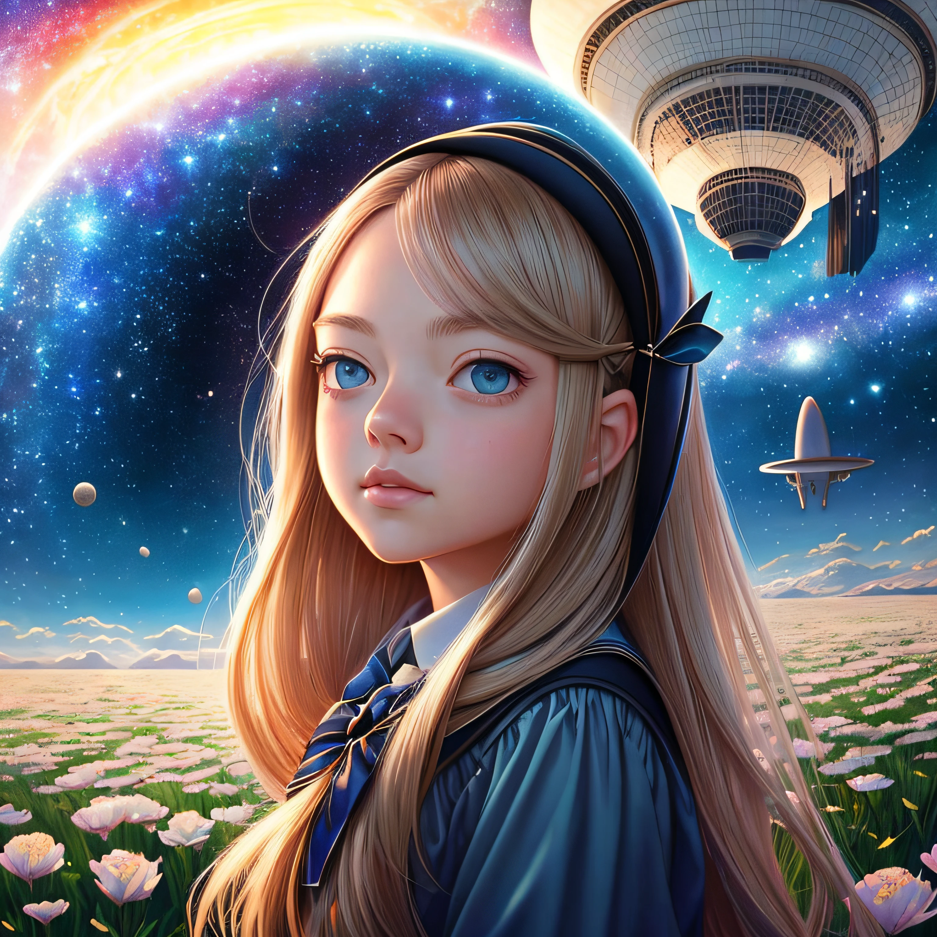 there's Amanda Seyfried who's praying with her eyes closed in a field of flowers, ela tem o cabelo curto,(((cabelo preto))), (((flying saucer is visible in the sky))),(((galaxy is visible in the background))), (((cabelo curto))), (((traje: colegial))), arte digital detalhada bonito, Beautiful digital illustration, painting digital adorable, pintura realista da menina bonito, retrato bonito da arte da fantasia, retrato bonito da fantasia, stunning digital illustration, a beautiful artwork illustration, Digital painting nice, lindo pintura digital, retrato da arte da fantasia, bela arte digital, Bela arte UHD 4K
