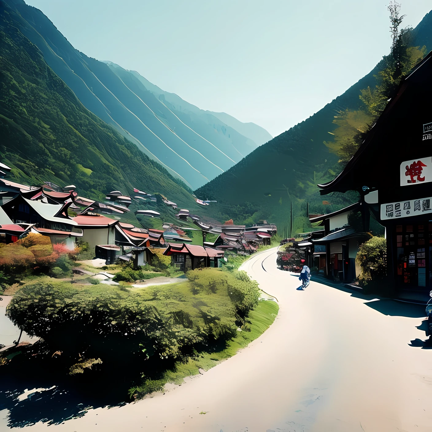 Small town in the mountains，It is cool and pleasant because of the high altitude，You need to go through a long winding road to reach the town，The town is only a few streets，Children play carefree in the streets。The picture is dreamy，cold hue's。