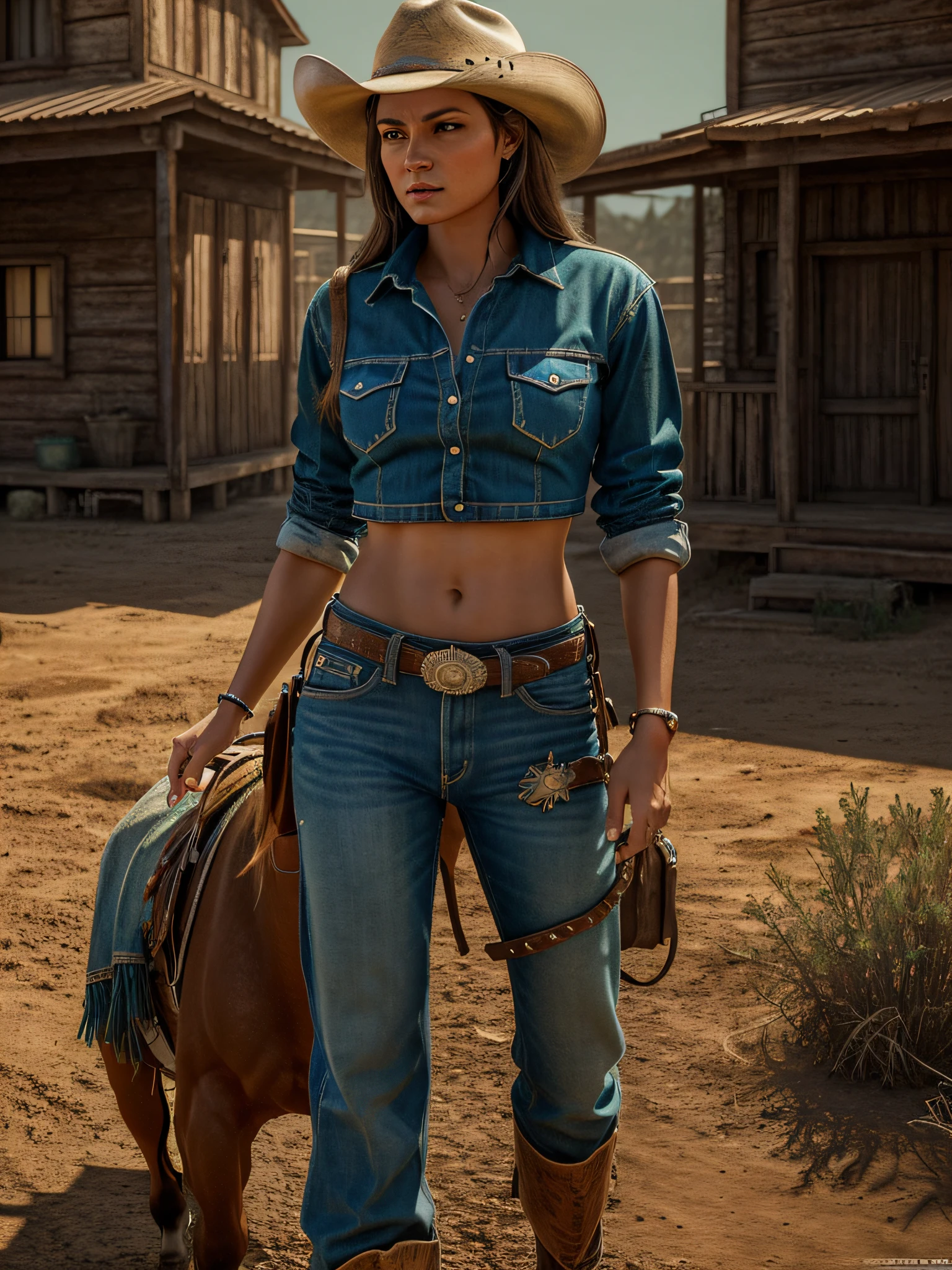 Art in the style of a captivating 3D illustration, showing cowboy women in stunning realism and attention to detail. The scene is enhanced with photorealistic rendering, destacando as texturas das roupas de cowboy e o brilho luminoso dos letreiros de neon