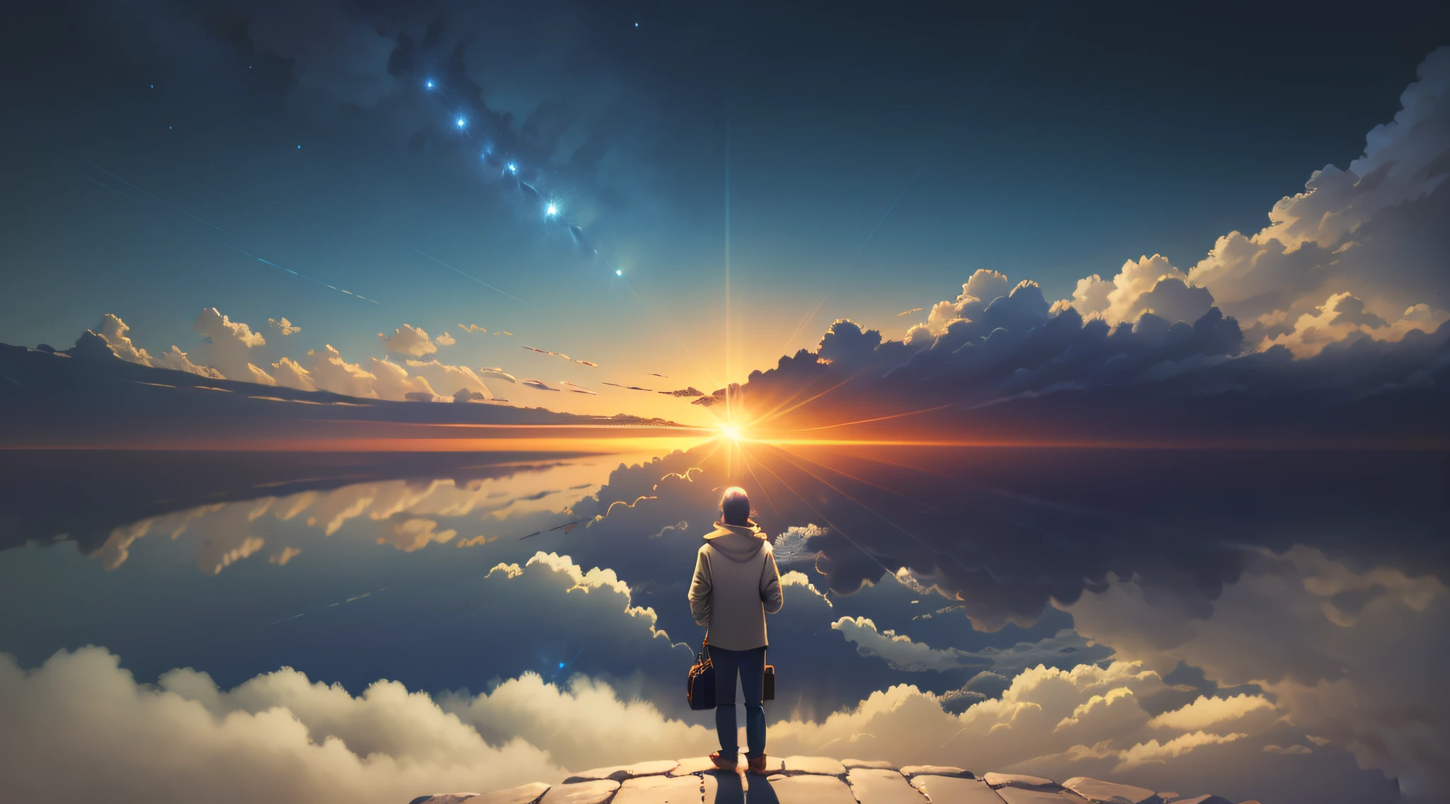 anime, a man standing in front of a lake looking at the sky, anime art wallpaper 4k, anime art wallpaper 4 k, anime art wallpaper 8 k, 4k anime wallpaper, anime wallpaper 4 k, anime wallpaper 4k, sitting on the cosmic cloudscape, on cosmic cloudscape, makoto shinkai cyril rolando, space clouds, anime sky