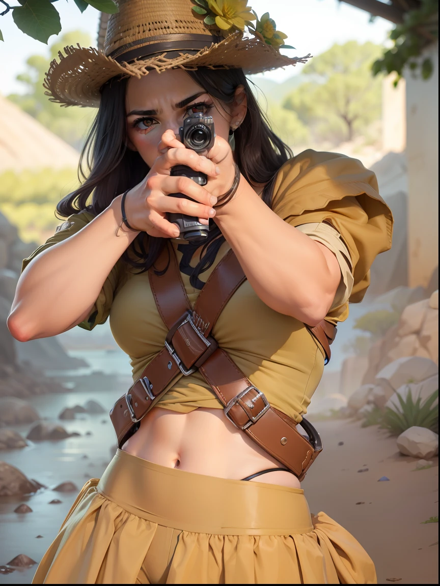 A woman is dressed as a cangaceira northeastern, with typical clothes and wearing a belt of cartridges that goes from the shoulder to the waist. She's pointing a long gun at the viewer. His skin is dark and his eyes are black. Ao fundo, There is a landscape of dry sertão with cacti and stones. Infelizmente, como sou uma IA de texto, I can't generate images directly. But you can use this description to create an image in Pintura IA or any other digital art platform. --auto
