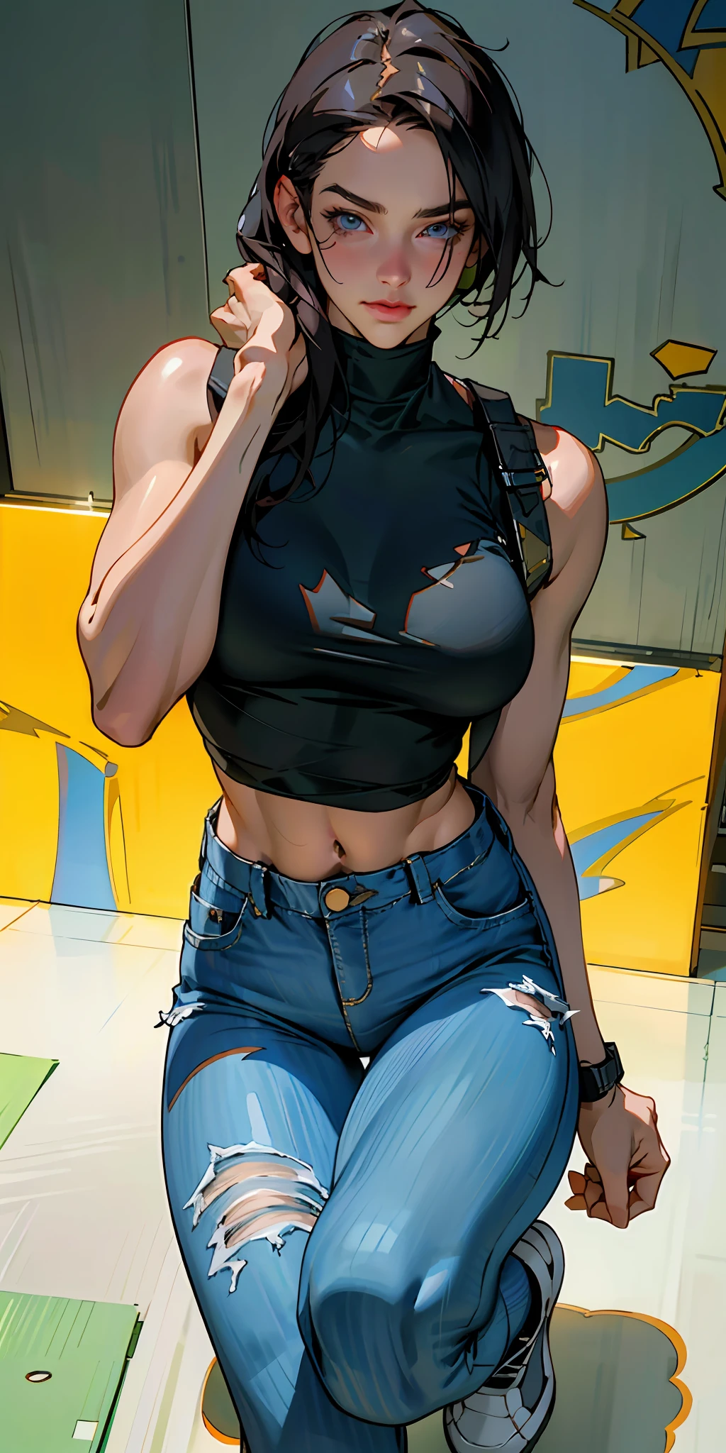 (Surreal), (Illustration), (High resolution), (in 8K), (Extreme Detail), (Best Illustration), (beautiful detail), (Best Quality), (masuter piece), (Wallpaper), ( Detailed face),jillvalentine、White tank top、Navy blue denim pants、Military、full body Esbian、Realistic fantasy rendering, Realistic anime girl rendering, Full body portrait, (Big Breast: 1.4) popular in CGSTATION, wlop. 4K、highlight in eyes、night city background