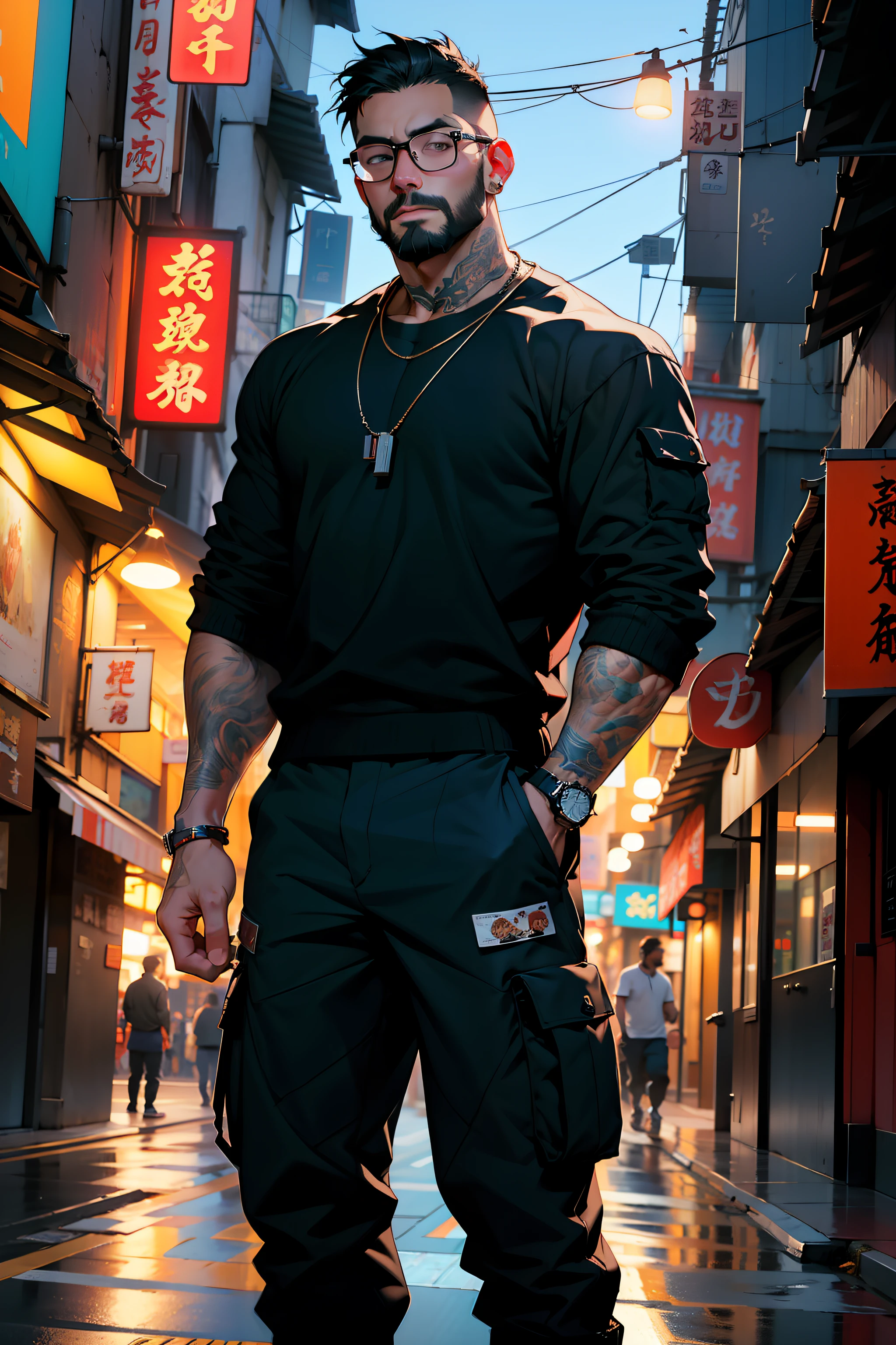 1man,short hair, muscular, beard, Streetwear,cargo pants, necklace,taiwan, street, (masterpiece, best quality, highres, ultra detailed ), night , depth of field, glasses,
