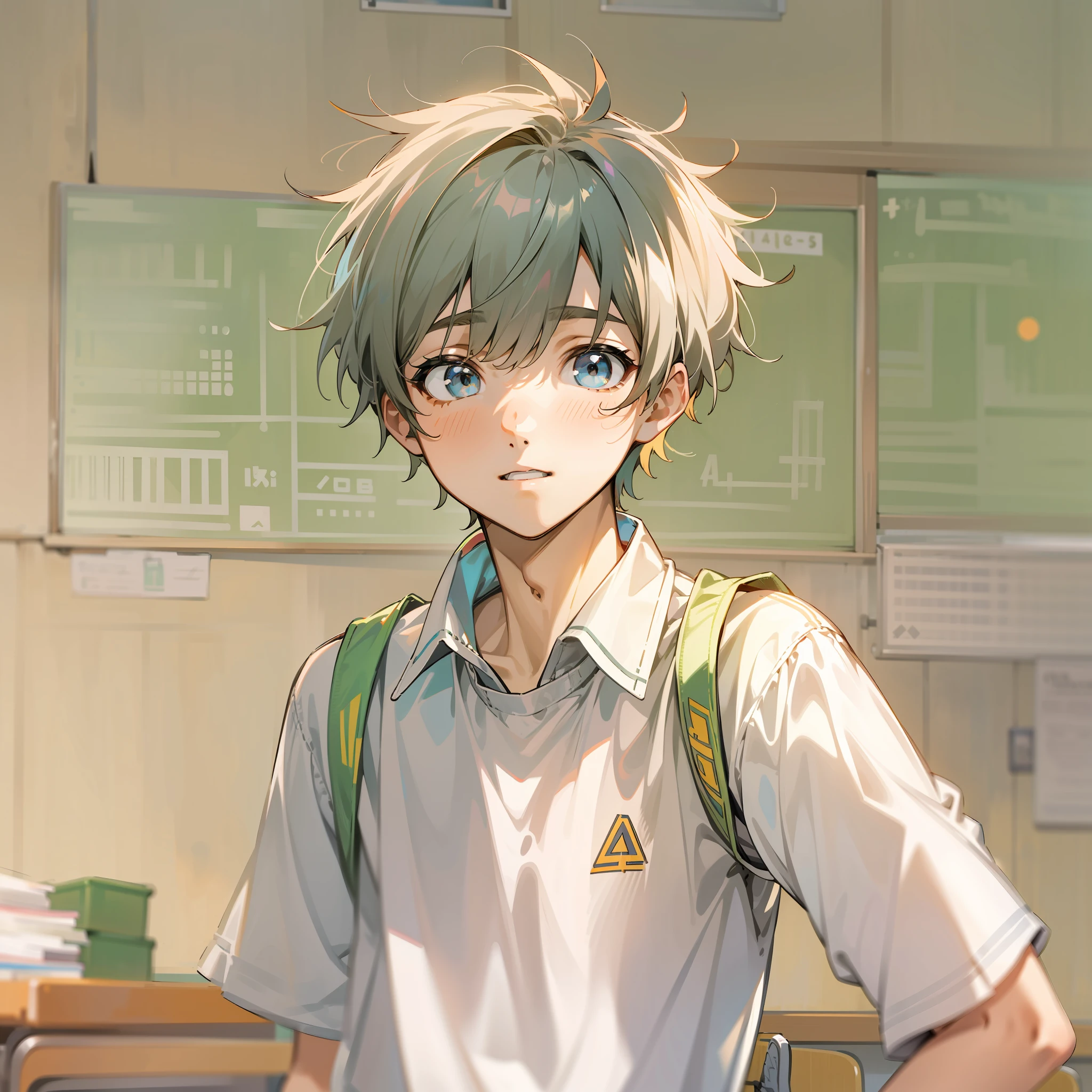 A 15-year-old junior high school boy stands in a classroom，Shota，Round face and round chin，Slightly hunched，White top，Messy bangs，Laugh awkwardly，Eyes widen，sideface，athletic sneakers。and the sun was shining brightly，‎Classroom，quadratic element