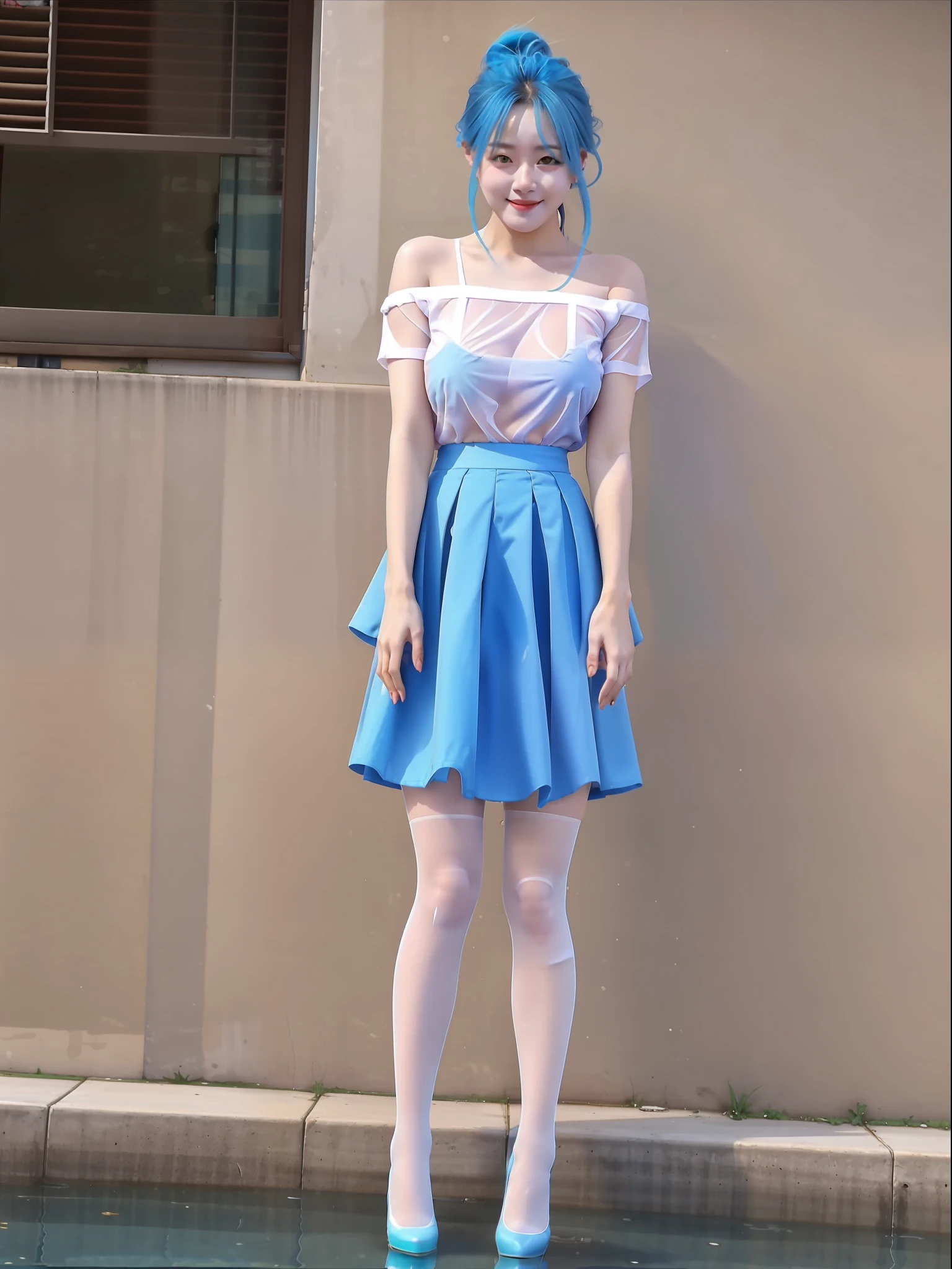 South Korean beauties,One meter eight,on a wall,standing on your feet,Blue hair,huge tit,Wet water all over the body,Bare shoulders,Translucent extra-short shirt,Translucent skirt,Miniskirt,Blue slim stockings,slenderlegs,Straight legs,Comic leg,high-heels
